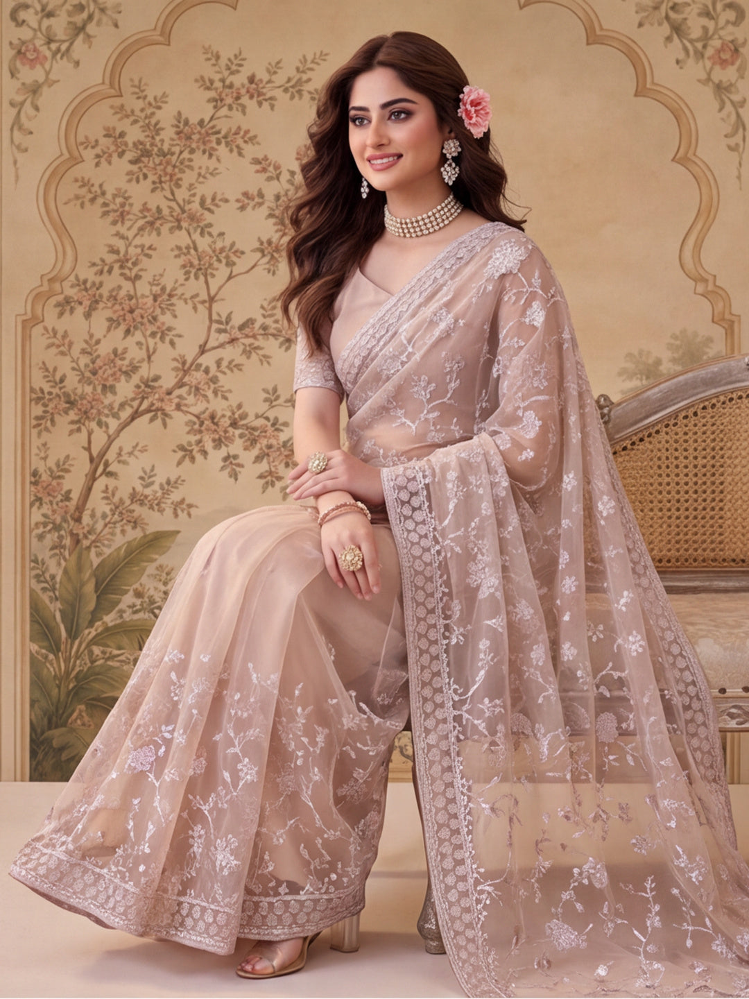 Cement Beige Embroidered Sheer Saree with Floral Motifs