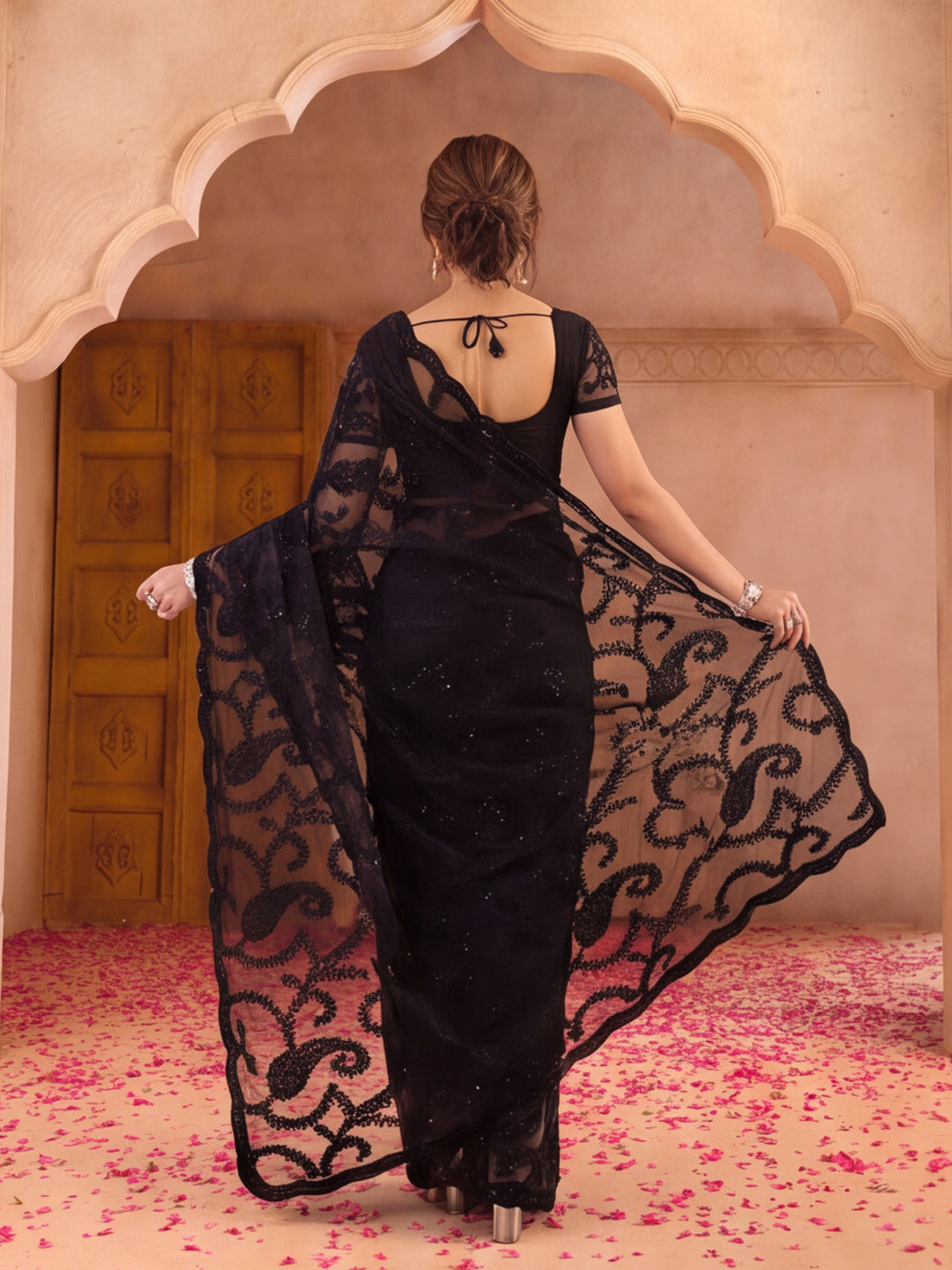 Black Embroidered Sheer Saree with Floral Motifs