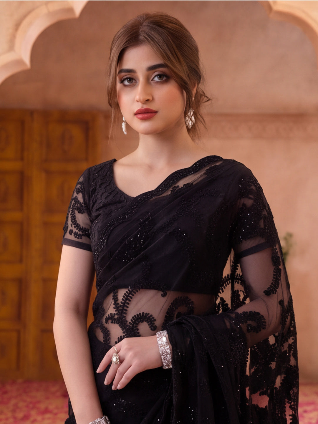 Black Embroidered Sheer Saree with Floral Motifs