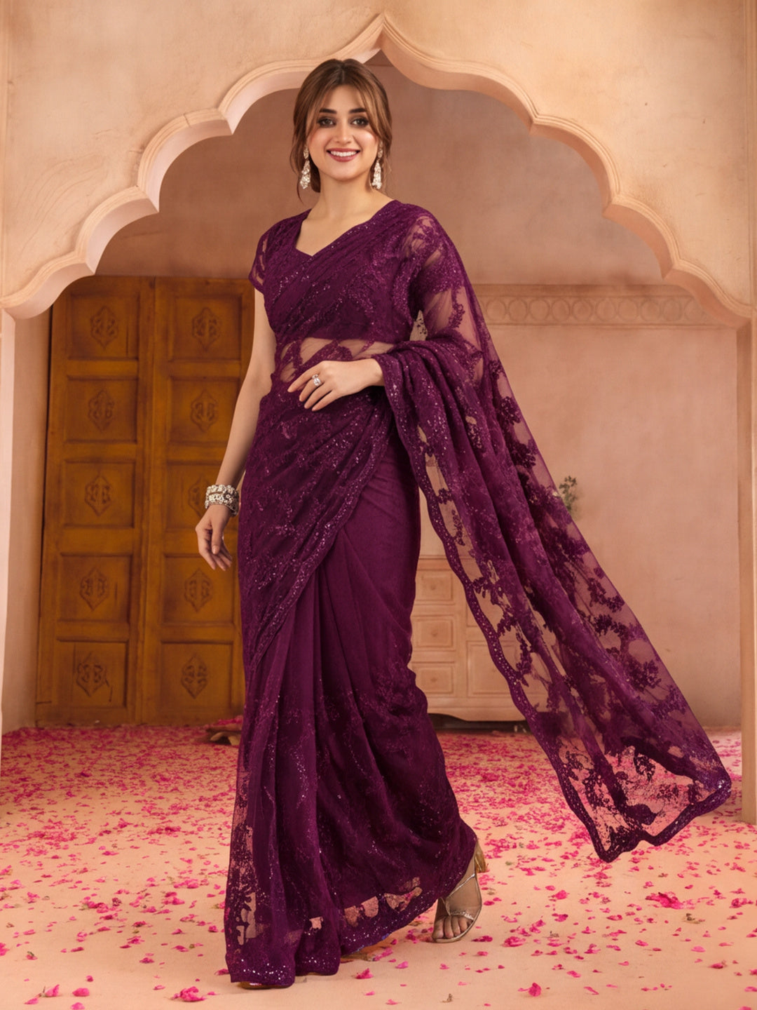 Purple Embroidered Sheer Saree with Floral Motifs