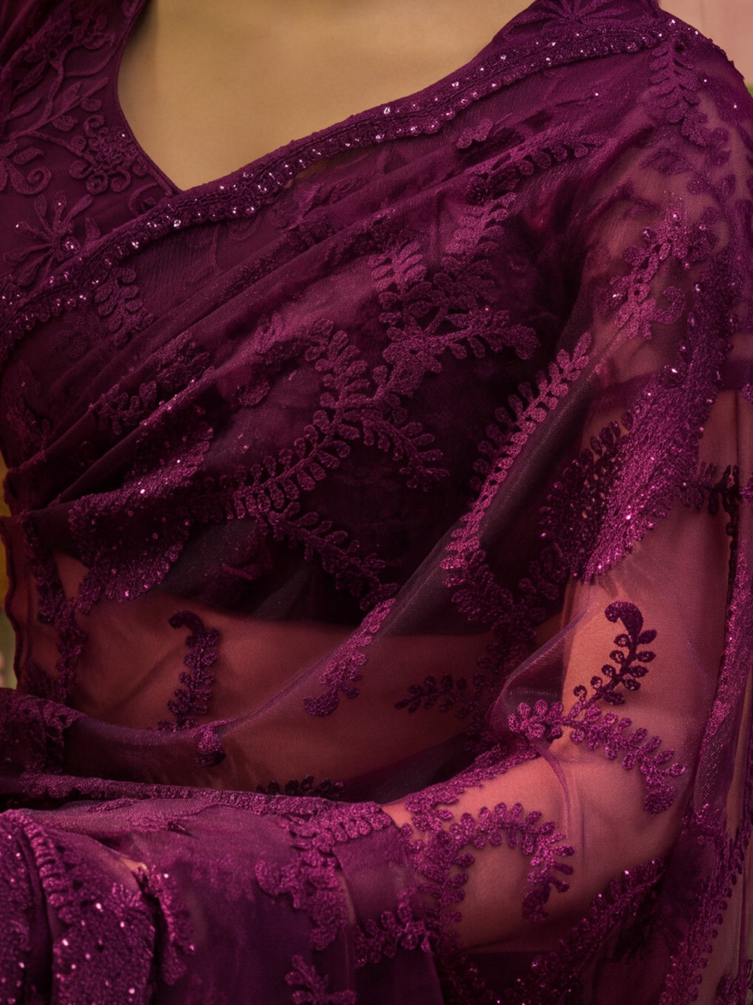 Purple Embroidered Sheer Saree with Floral Motifs