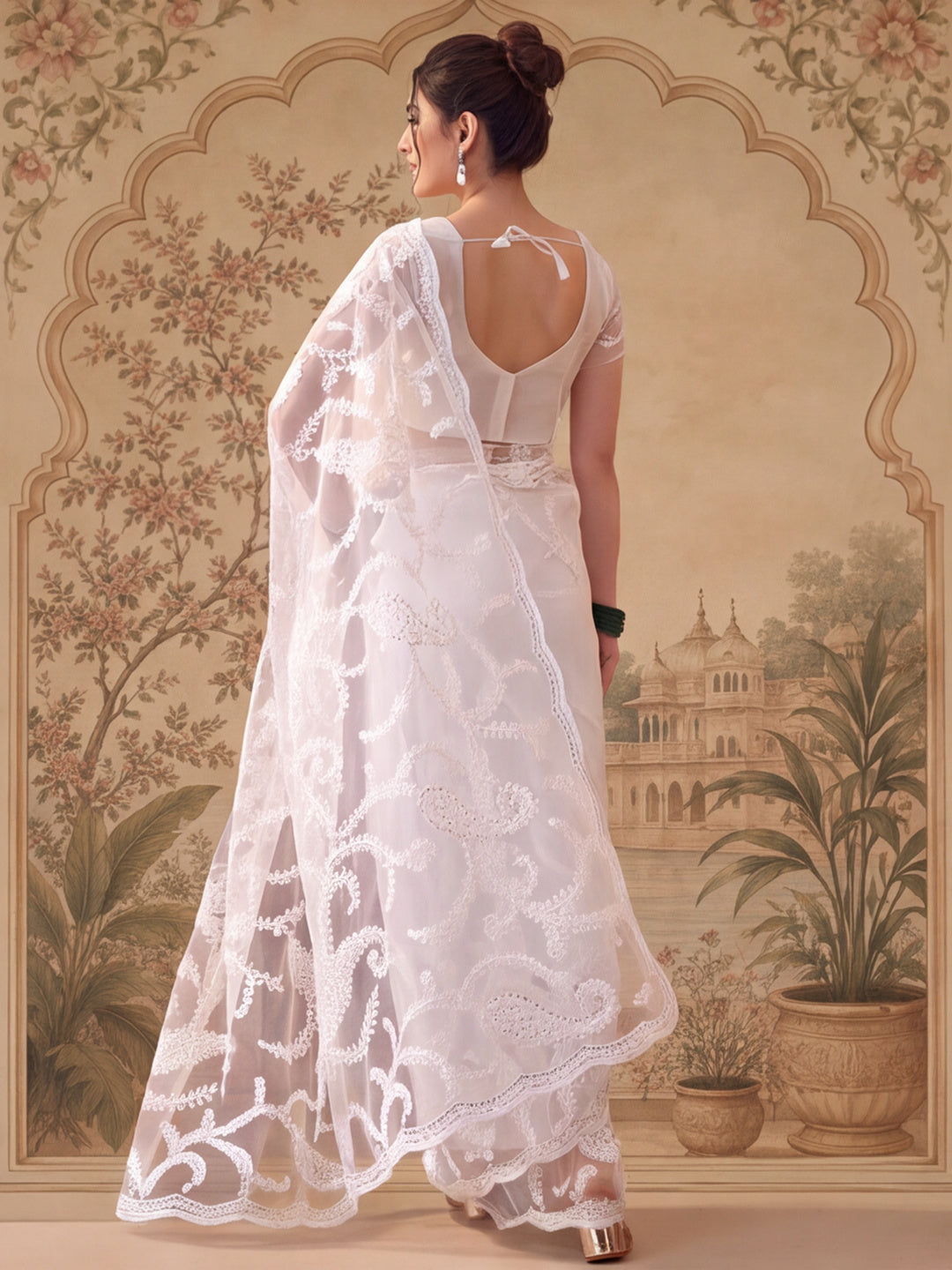 White Embroidered Sheer Saree with Floral Motifs