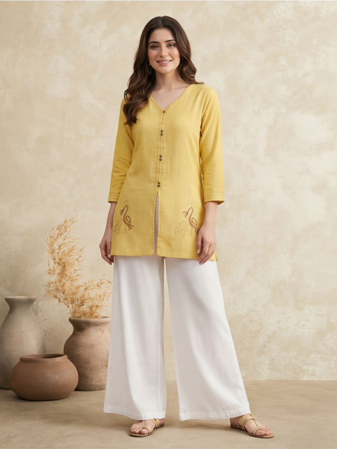 Printed Cotton Blend V-Neck Kurti