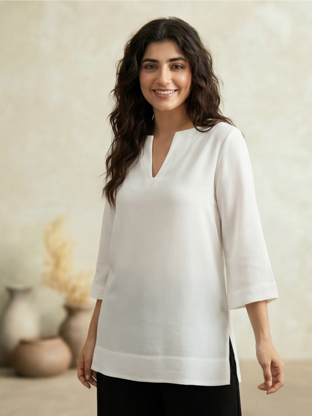 Printed Cotton Blend V-Neck Kurti