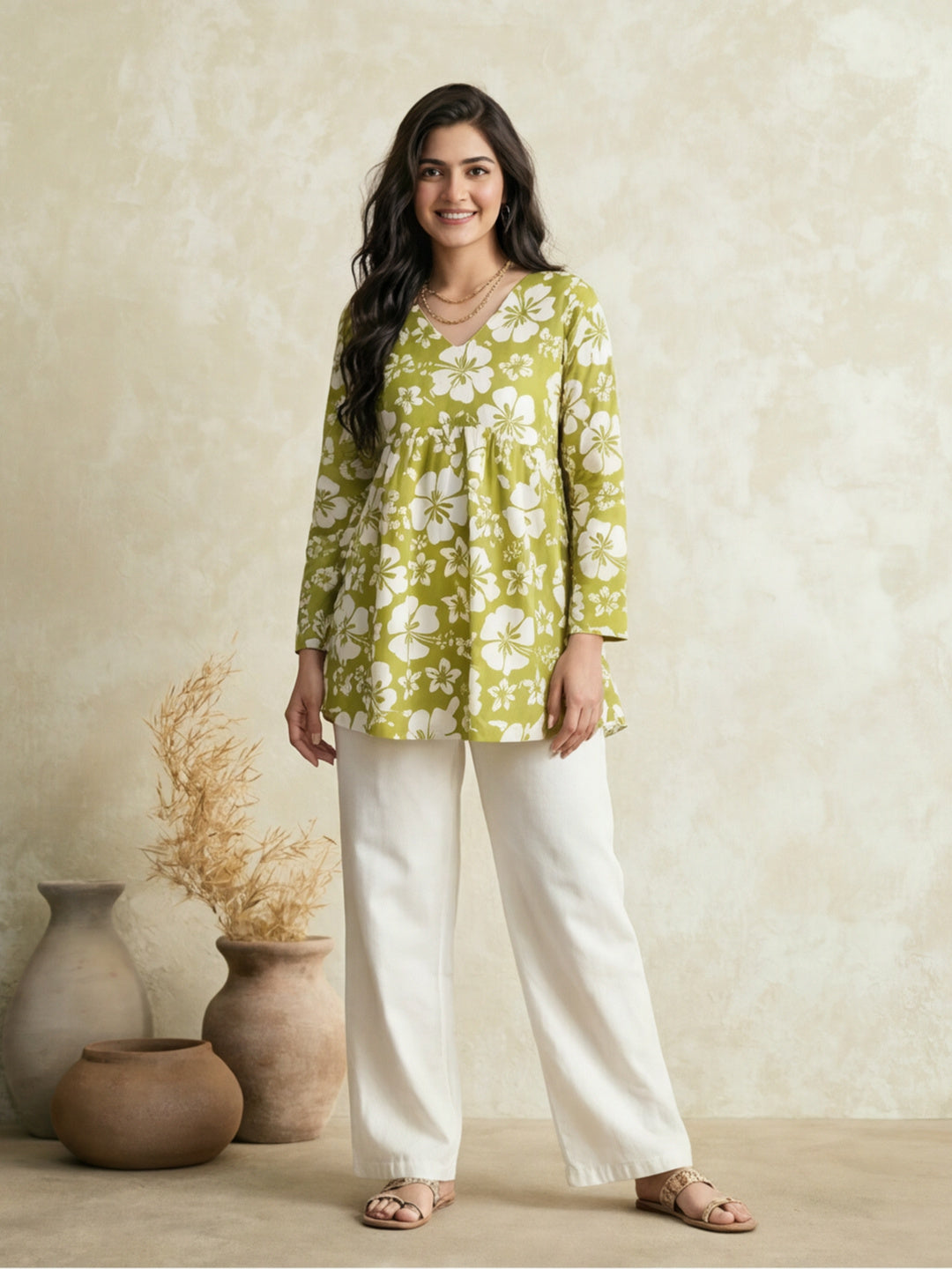 Printed Cotton Blend V-Neck Kurti