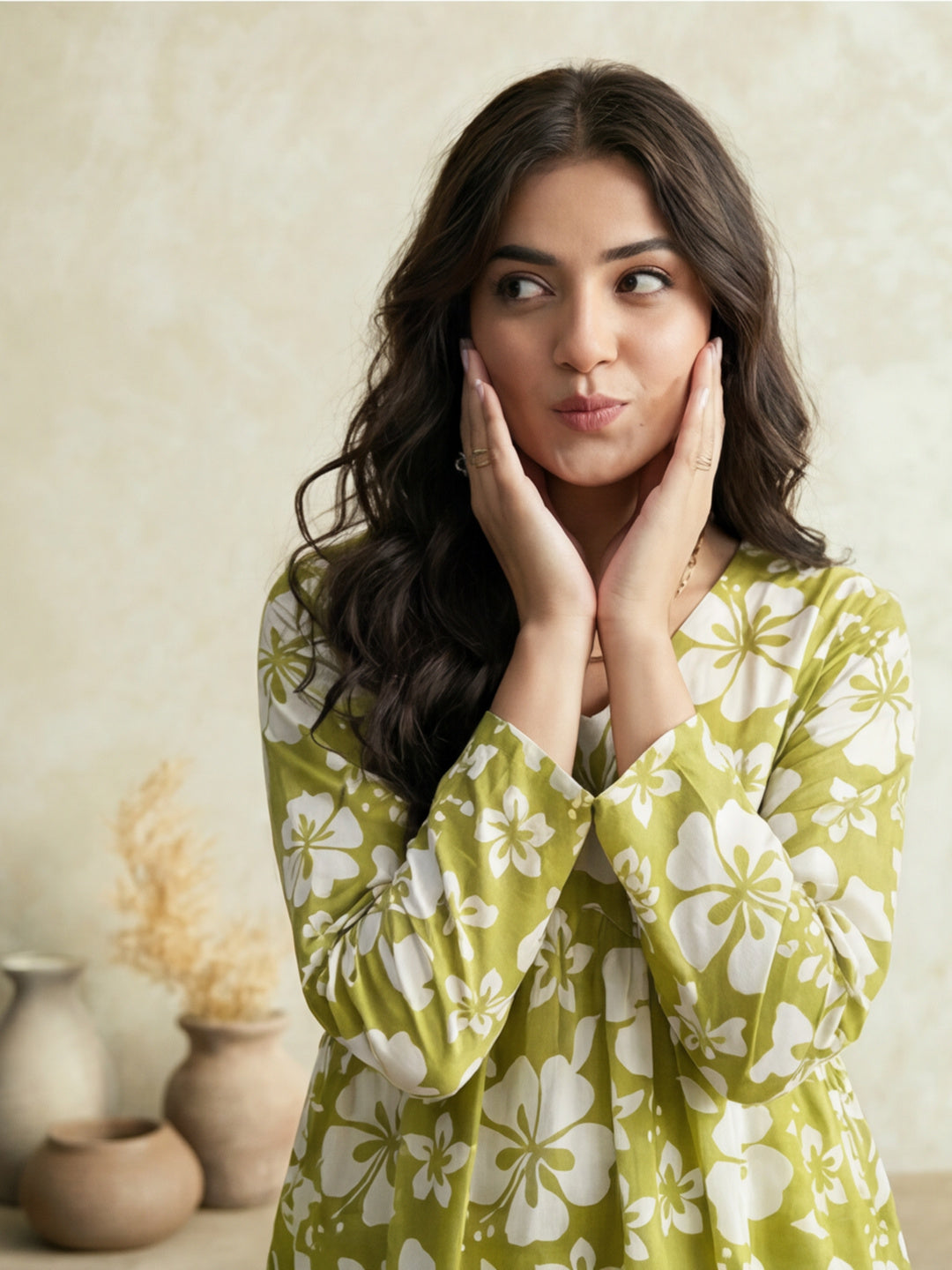 Printed Cotton Blend V-Neck Kurti