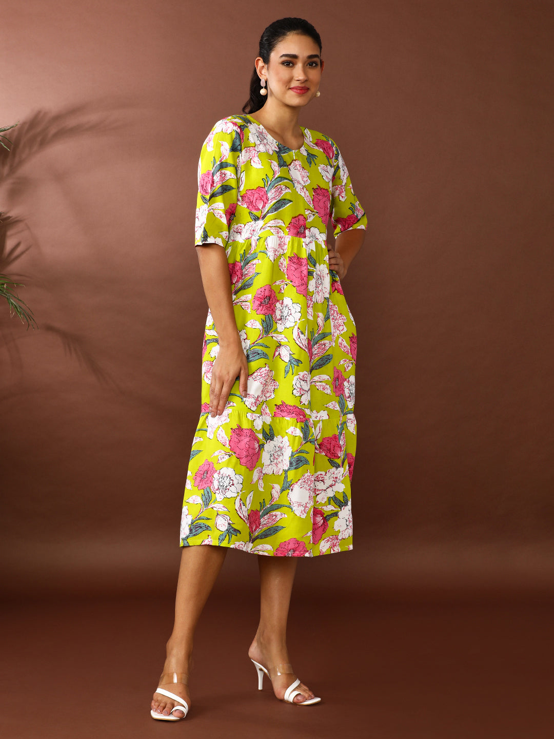 Floral Printed A-Line Tiered Ethnic Dress