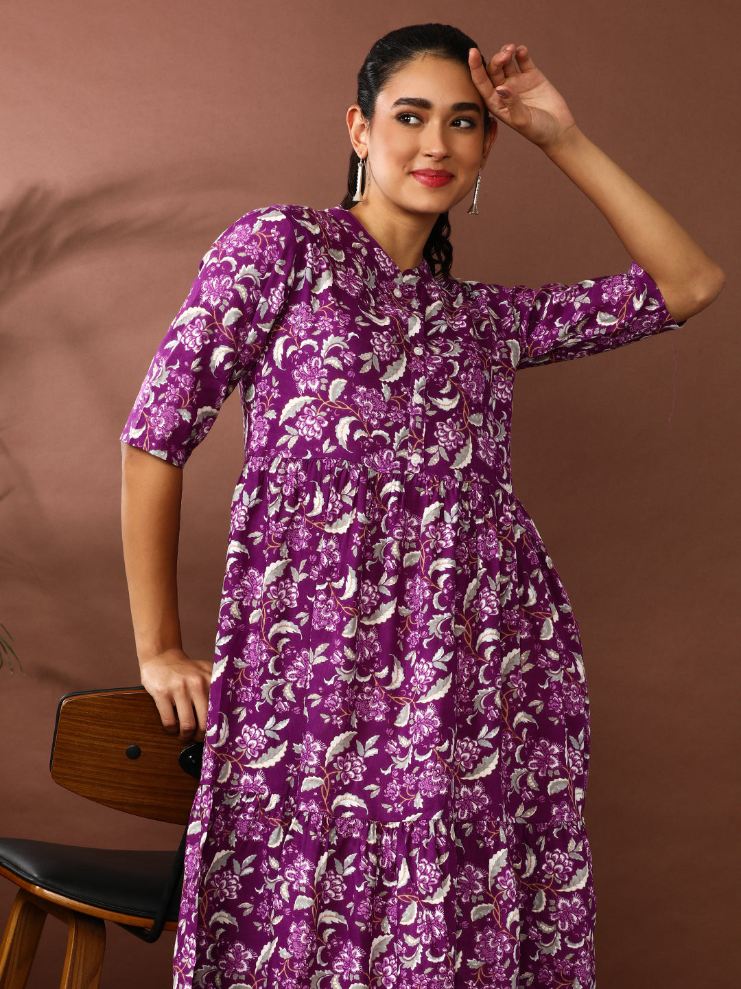 Floral Printed A-Line Panelled Ethnic Dress