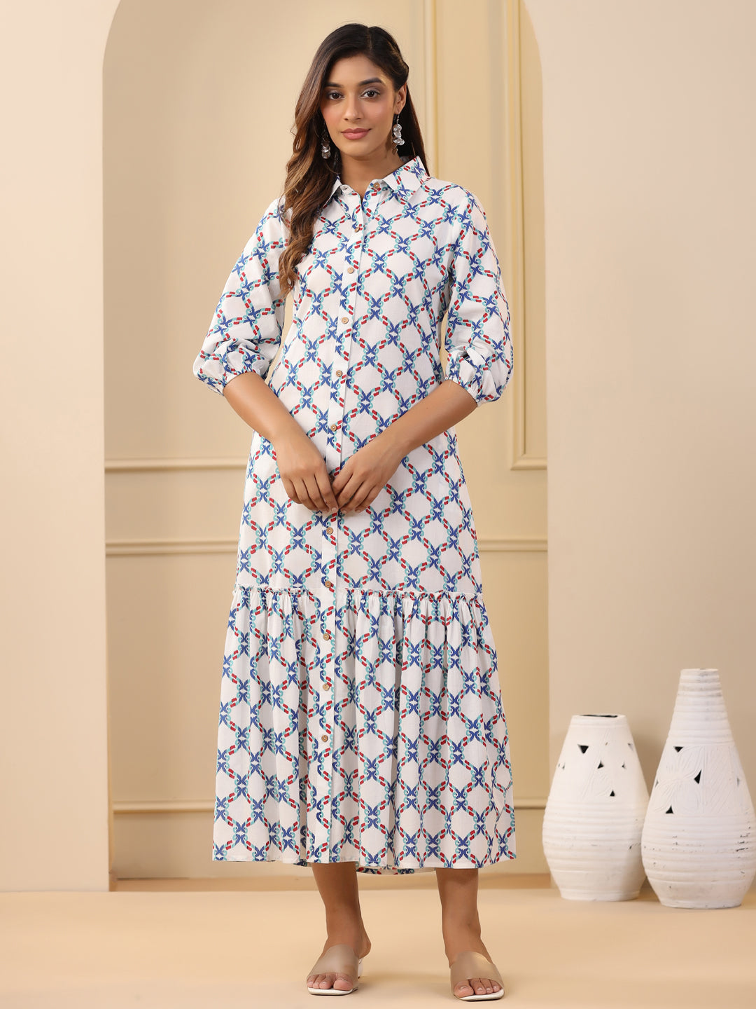 Blue Ikat Printed Tiered Cotton Dress | Dresses For Women | Jaipur Kurti