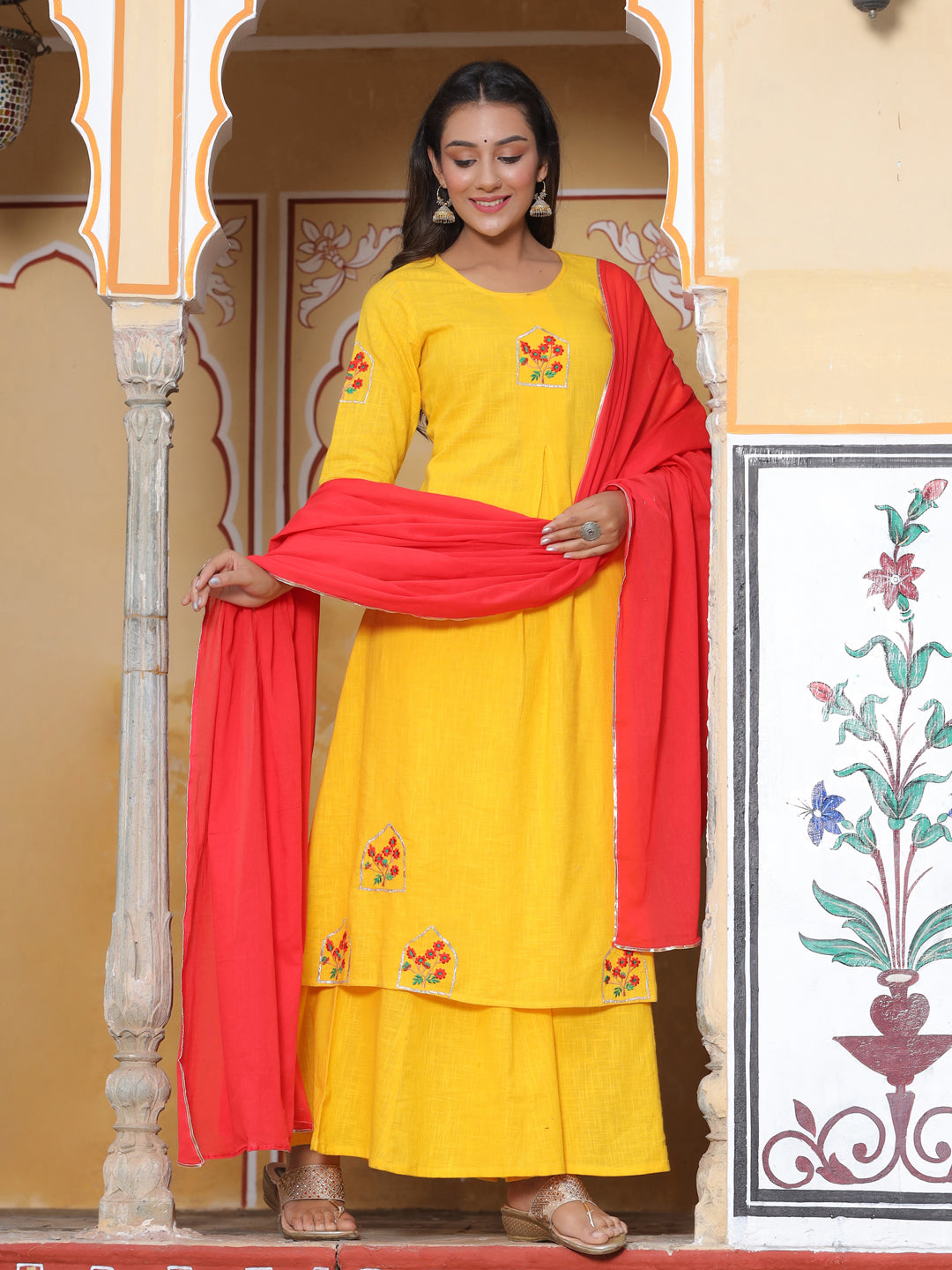 Embroidered Yellow Cotton Kurta With Palazzo And Dupatta