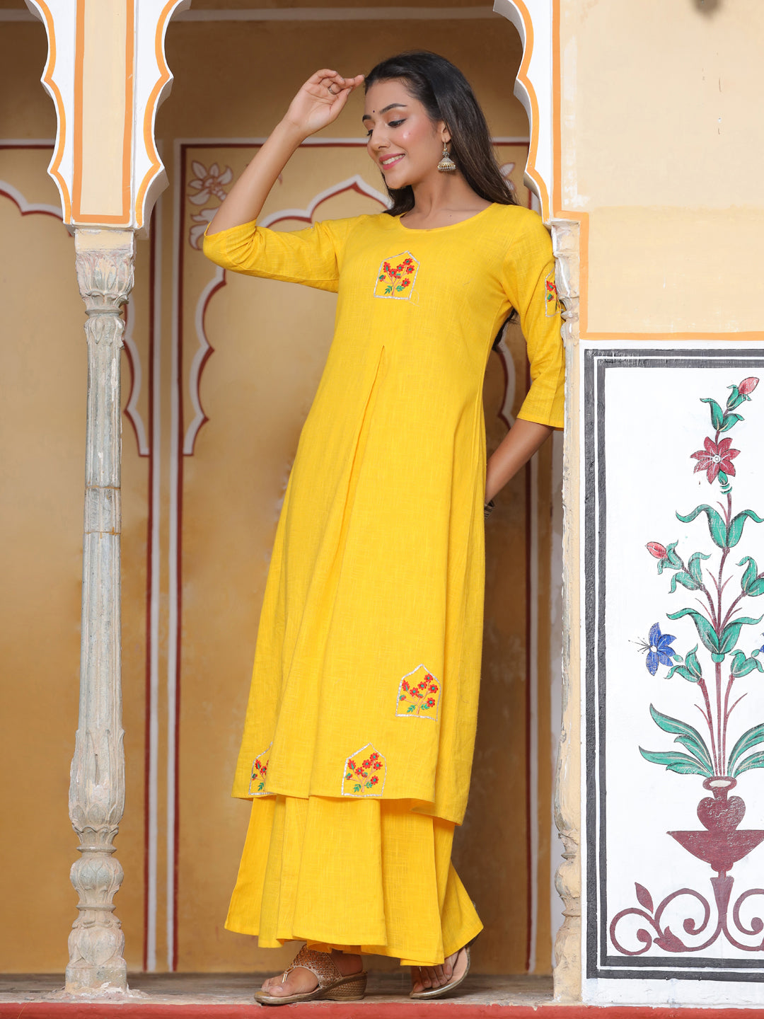 Embroidered Yellow Cotton Kurta With Palazzo And Dupatta