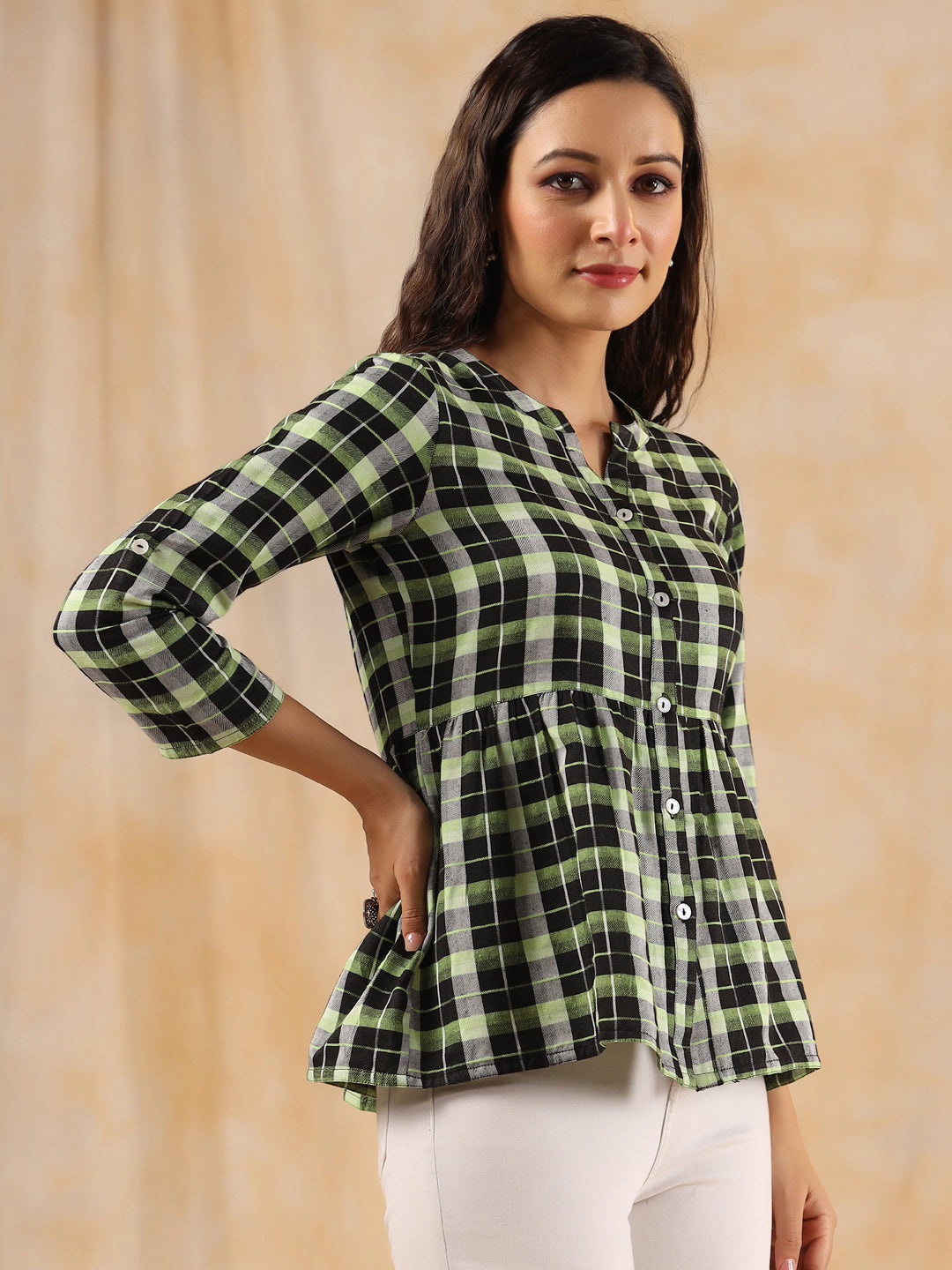 Green And White Checks Cotton Gathered Shirt
