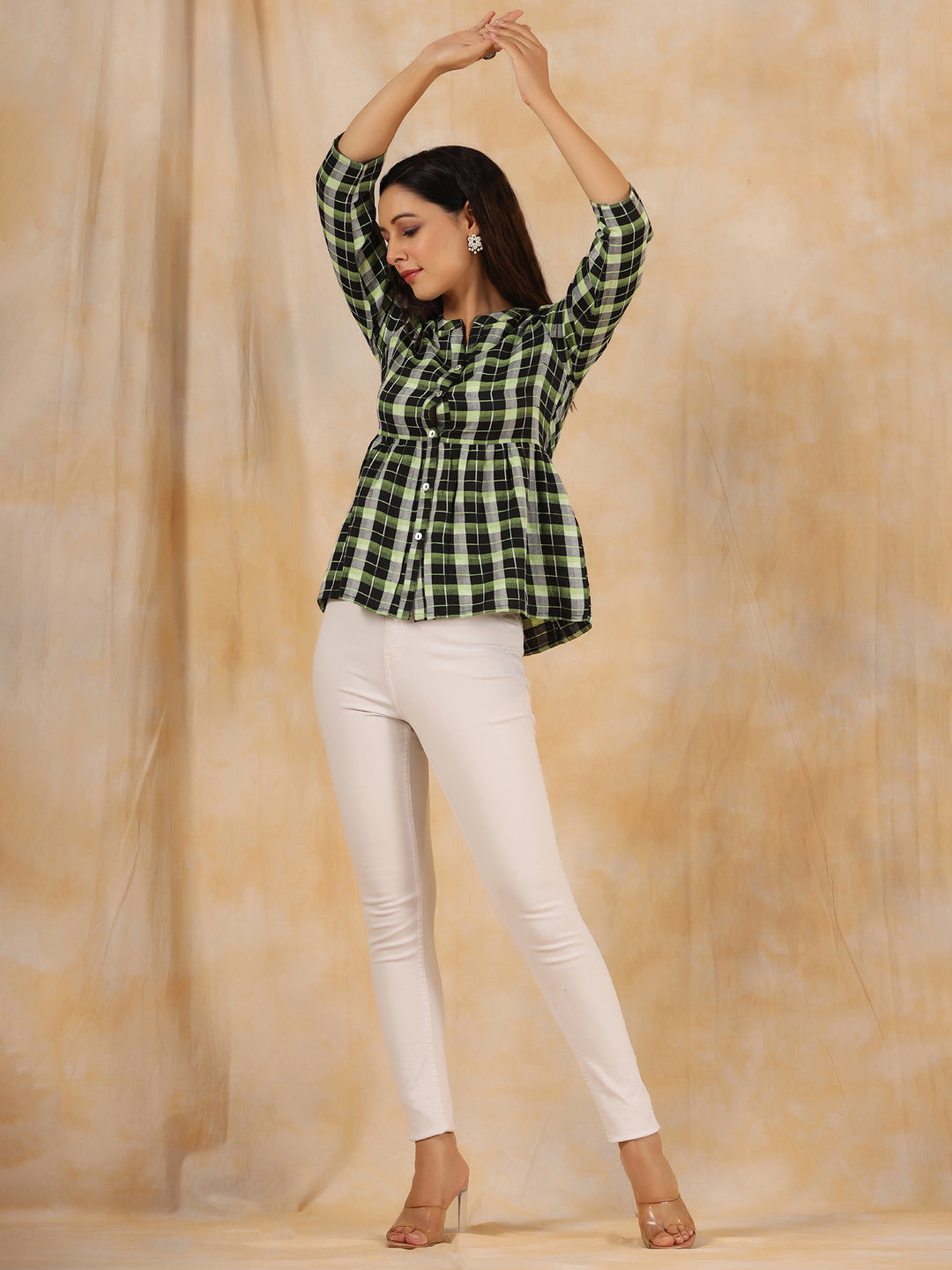 Green And White Checks Cotton Gathered Shirt