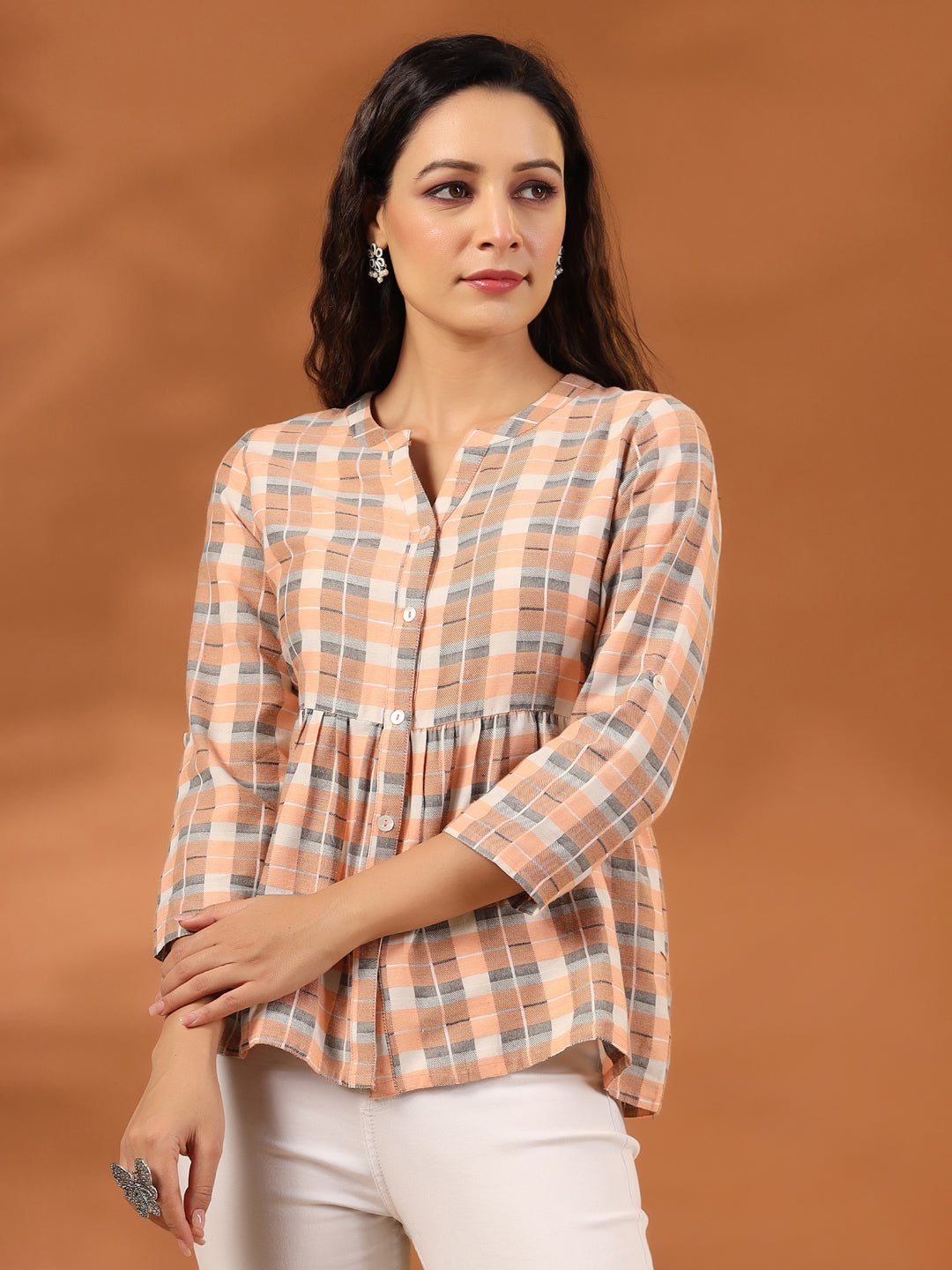 Checked Cotton Shirt With Gathered Detail