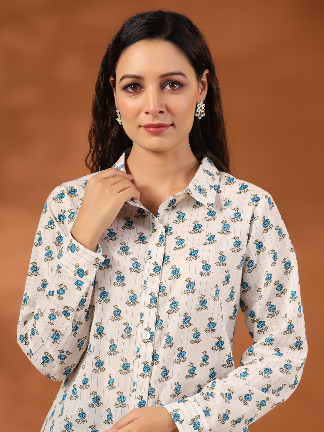 Turquoise Blue Ethnic Motif Lurex Shirt