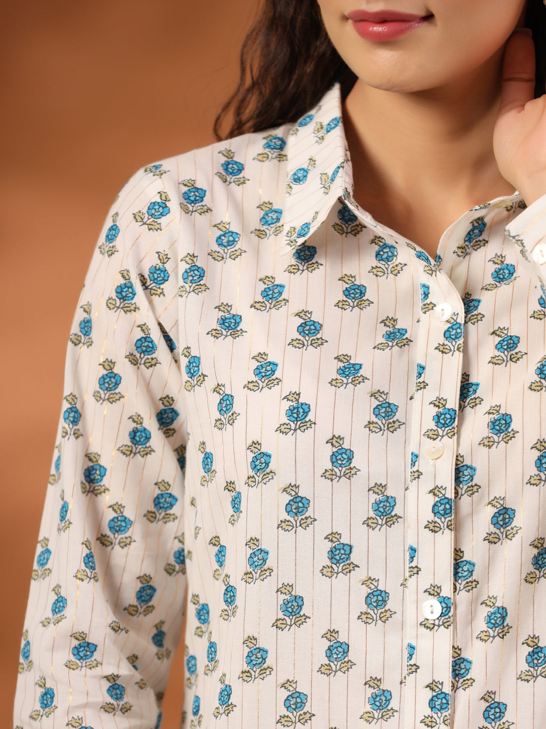 Turquoise Blue Ethnic Motif Lurex Shirt