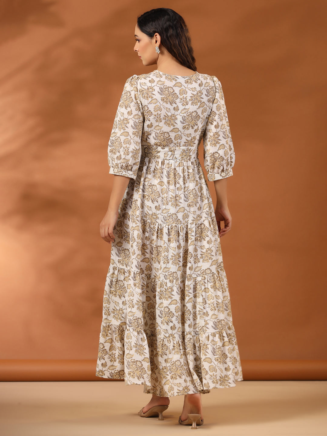 Beige Floral Printed Tier Cotton Dress