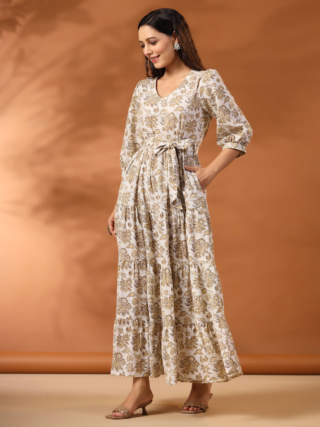Beige Floral Printed Tier Cotton Dress