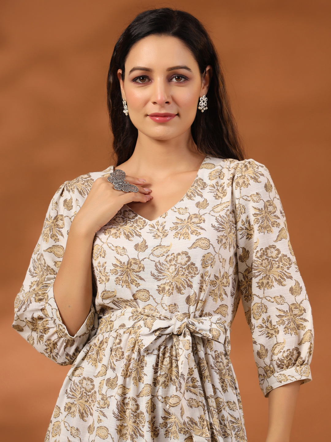 Beige Floral Printed Tier Cotton Dress