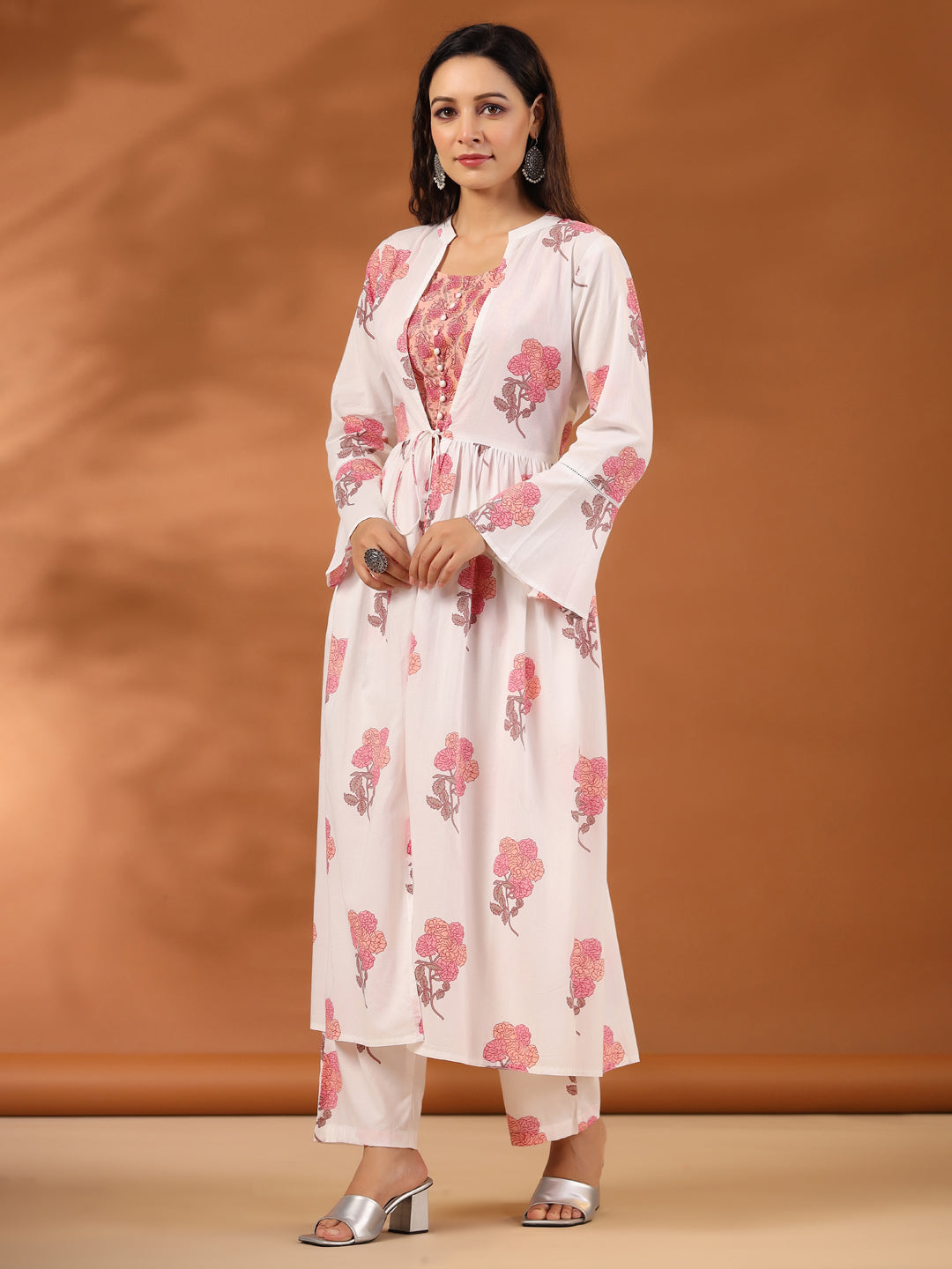 Peach Floral Printed Cotton 3-Piece Co-Ord Set