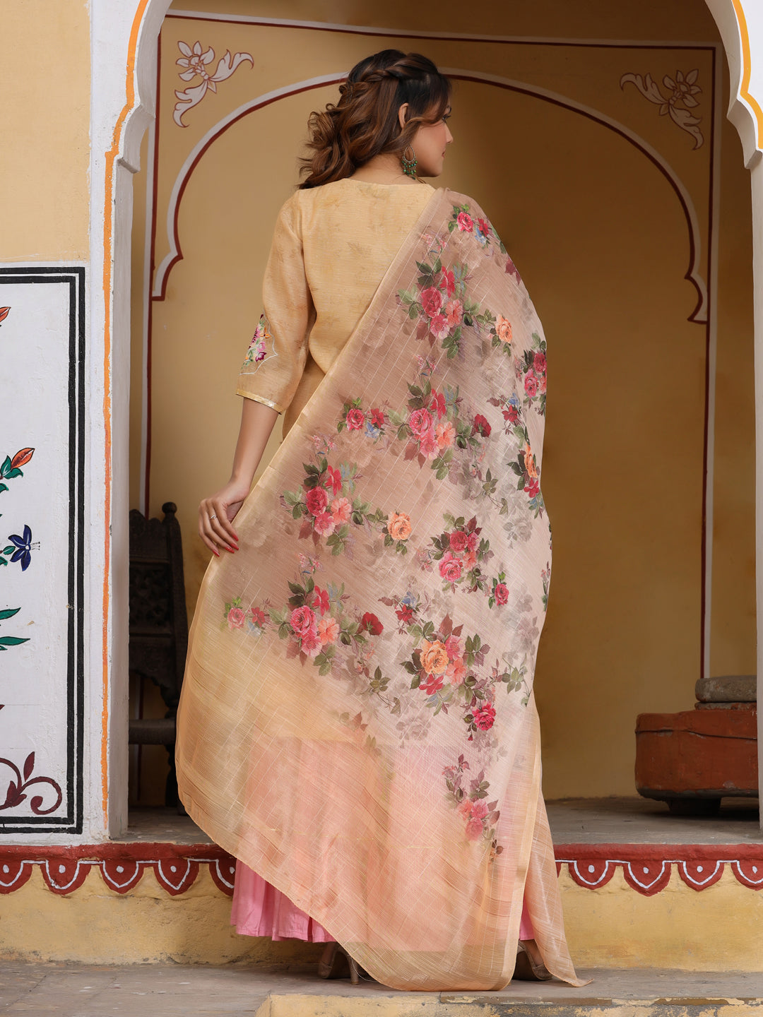 Embroidered Yellow Chanderi Kurta With Sharara And Printed Dupatta