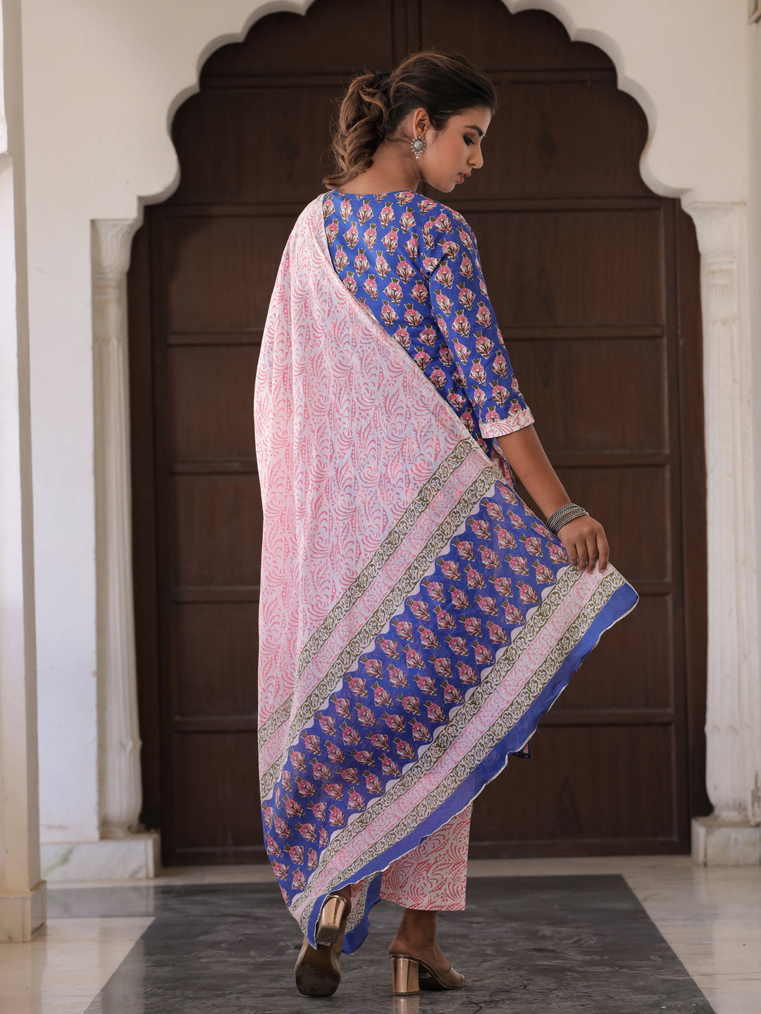 Blue Ethnic Motifs Print Cotton Kurta With Palazzos & Dupatta