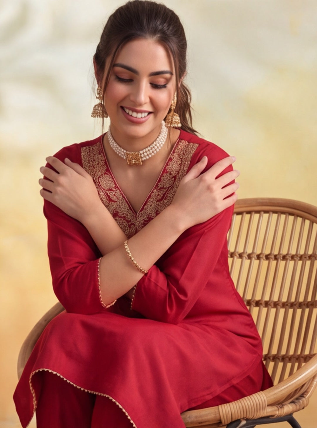 Women Embroidery Red Kurta Set with Dupatta