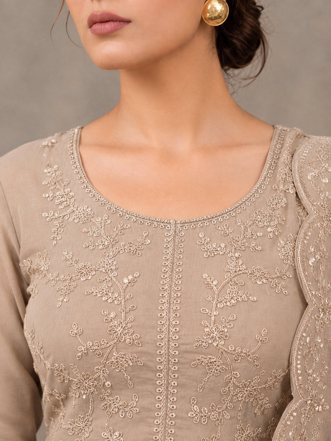 Women's Beige Embroidered Kurta Set with Dupatta | Festive Ethnic Straight Suit