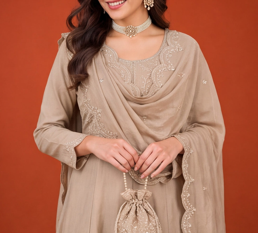 Women's Beige Embroidered Kurta Set with Dupatta | Festive Ethnic Straight Suit