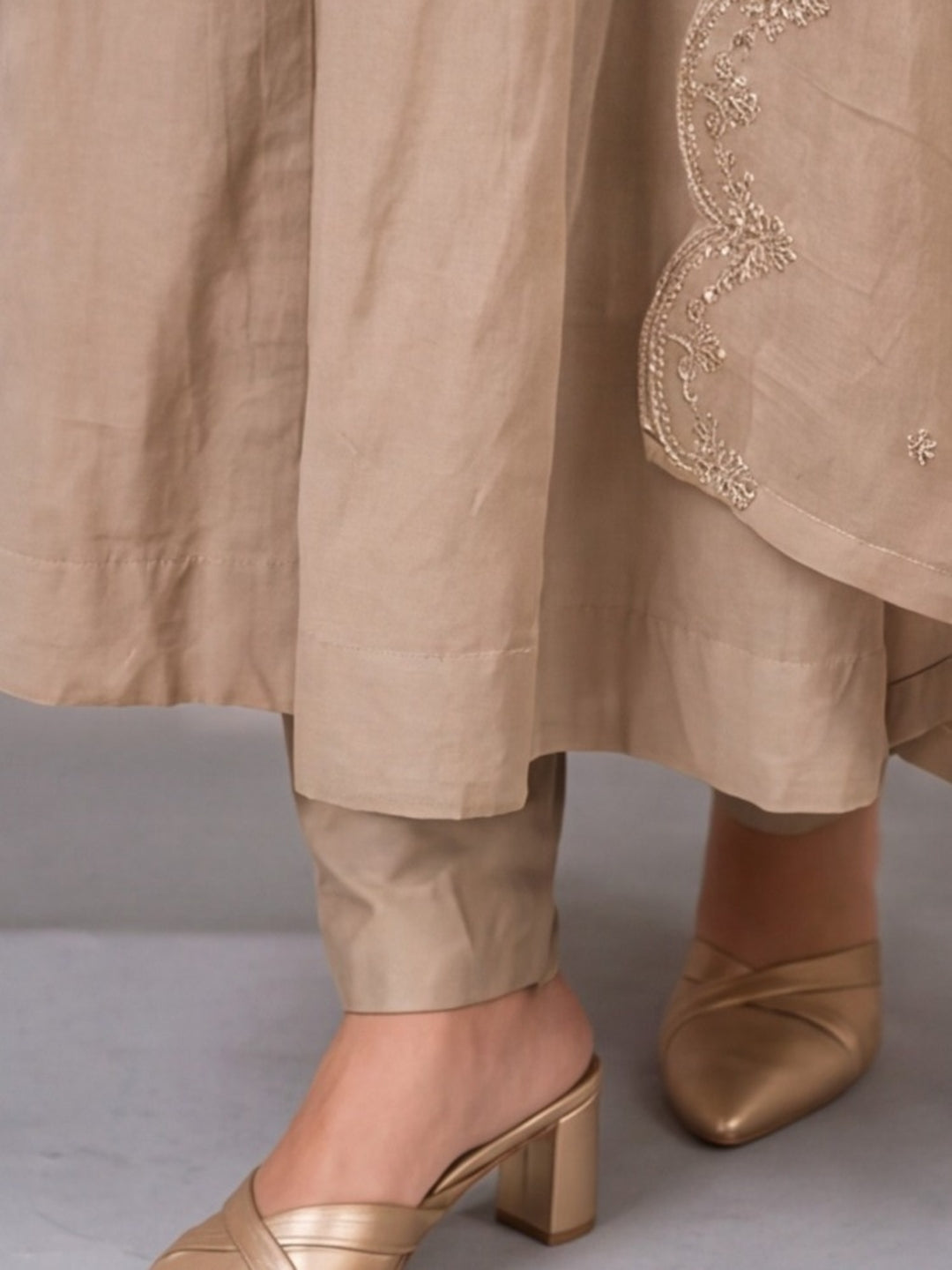 Women's Beige Embroidered Kurta Set with Dupatta | Festive Ethnic Straight Suit