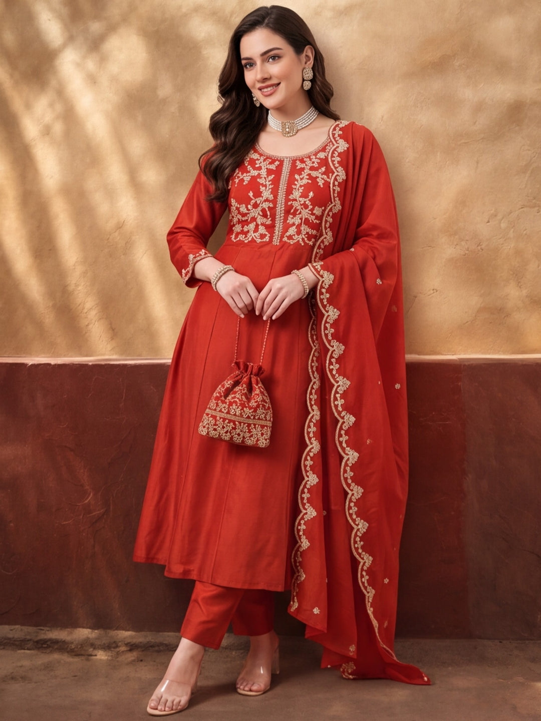 Women's Orange Embroidered Kurta Set with Dupatta | Festive Ethnic Straight Suit