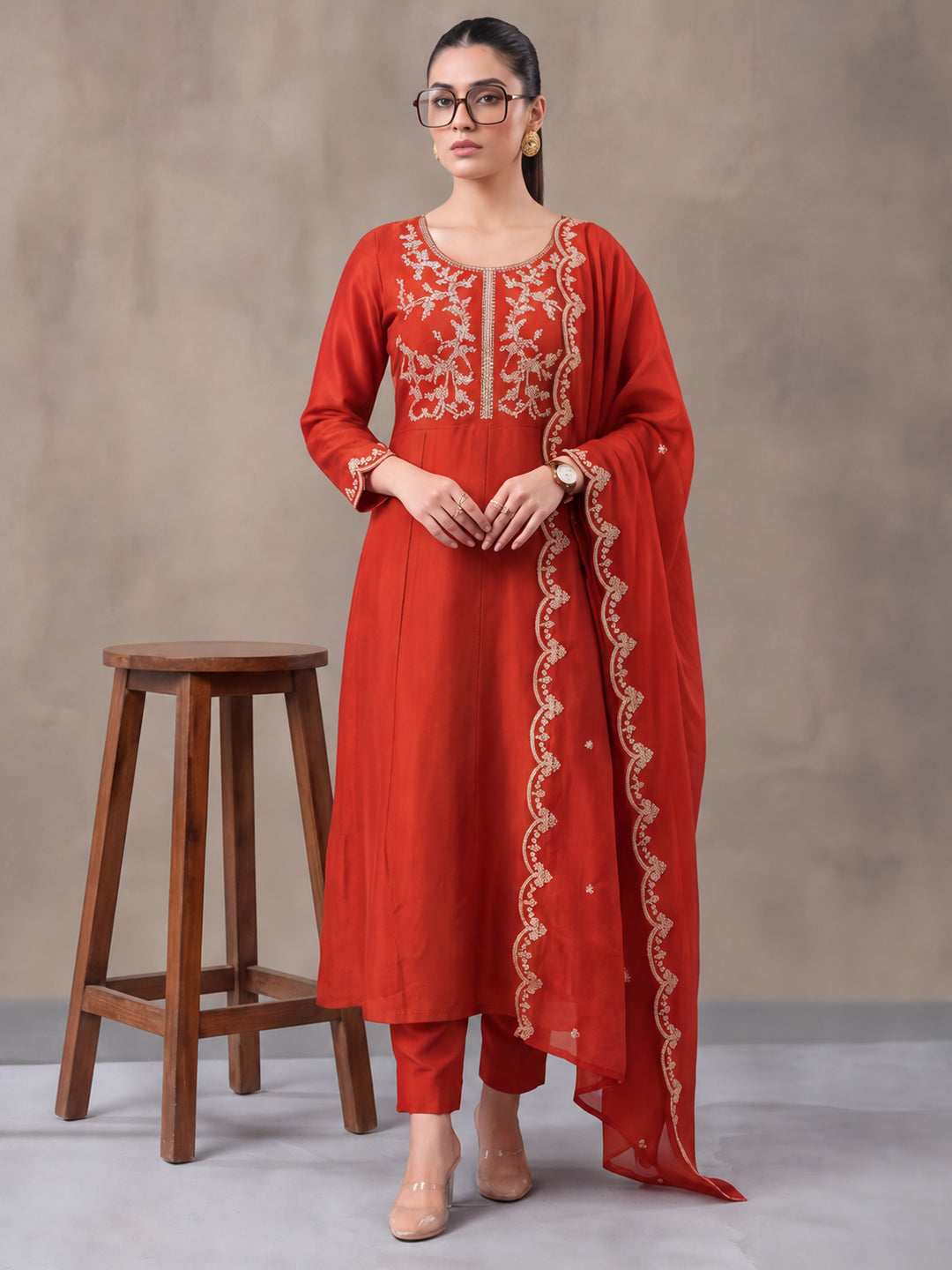 Women's Orange Embroidered Kurta Set with Dupatta | Festive Ethnic Straight Suit