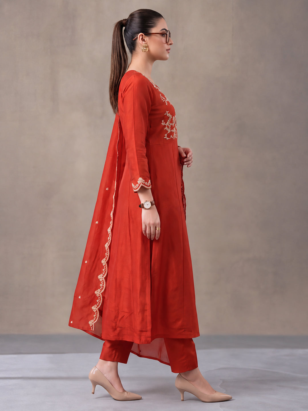 Women's Orange Embroidered Kurta Set with Dupatta | Festive Ethnic Straight Suit