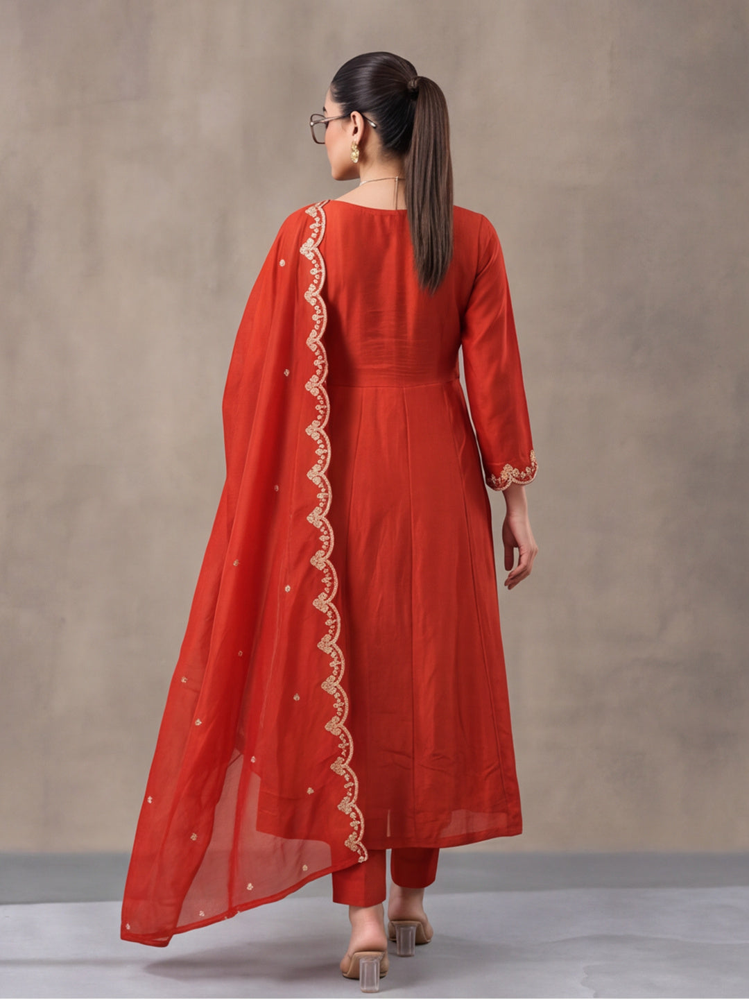 Women's Orange Embroidered Kurta Set with Dupatta | Festive Ethnic Straight Suit