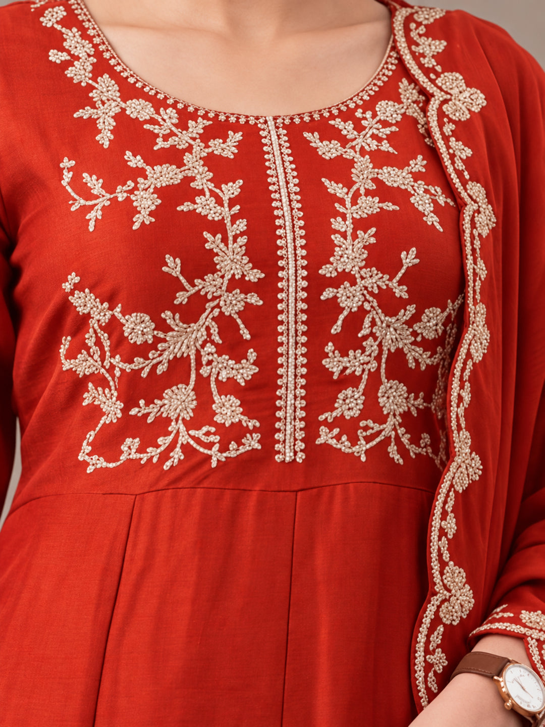 Women's Orange Embroidered Kurta Set with Dupatta | Festive Ethnic Straight Suit