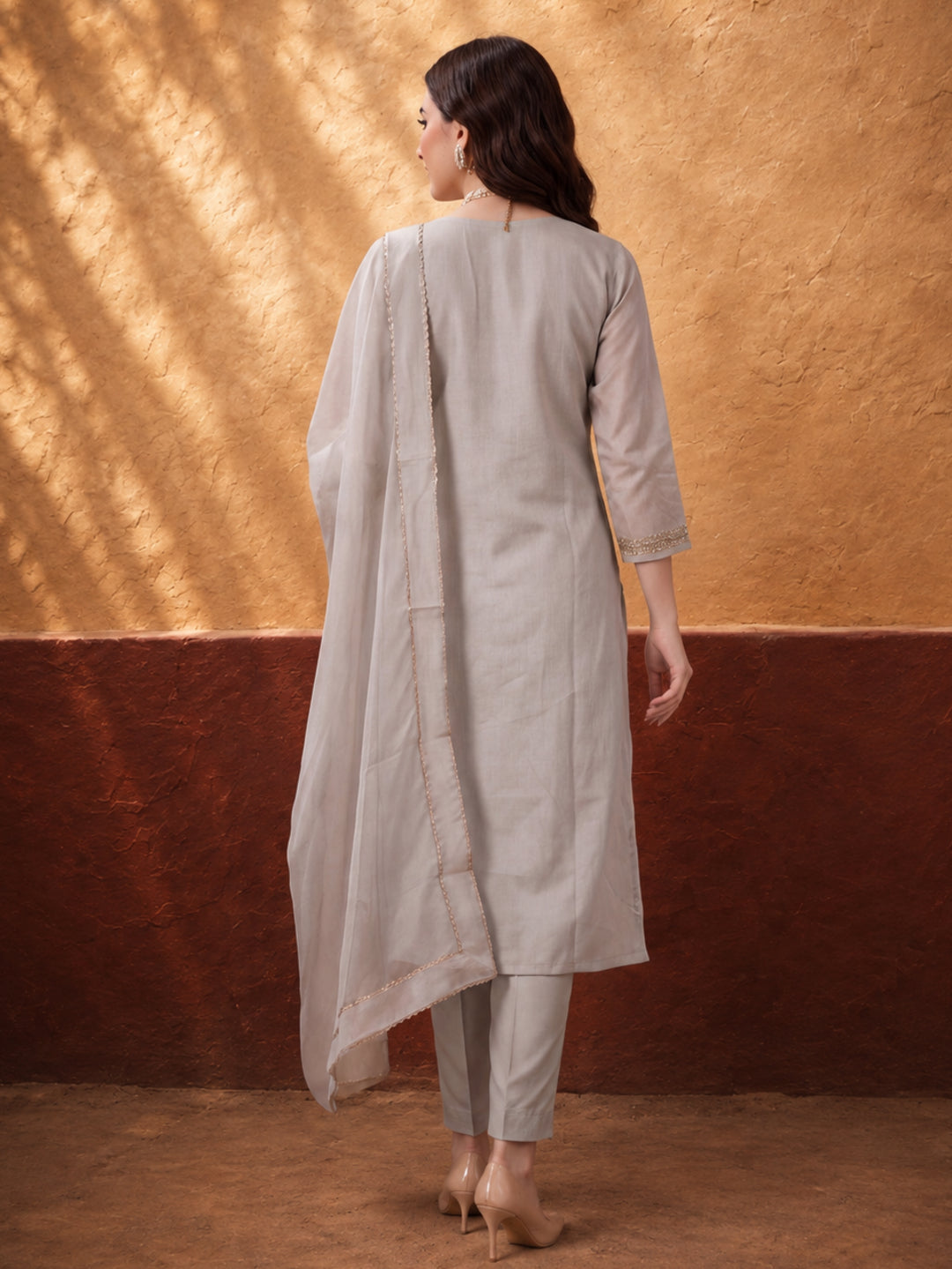 Women's Grey Woven Zari Kurta Set with Dupatta | Festive Ethnic Straight Suit