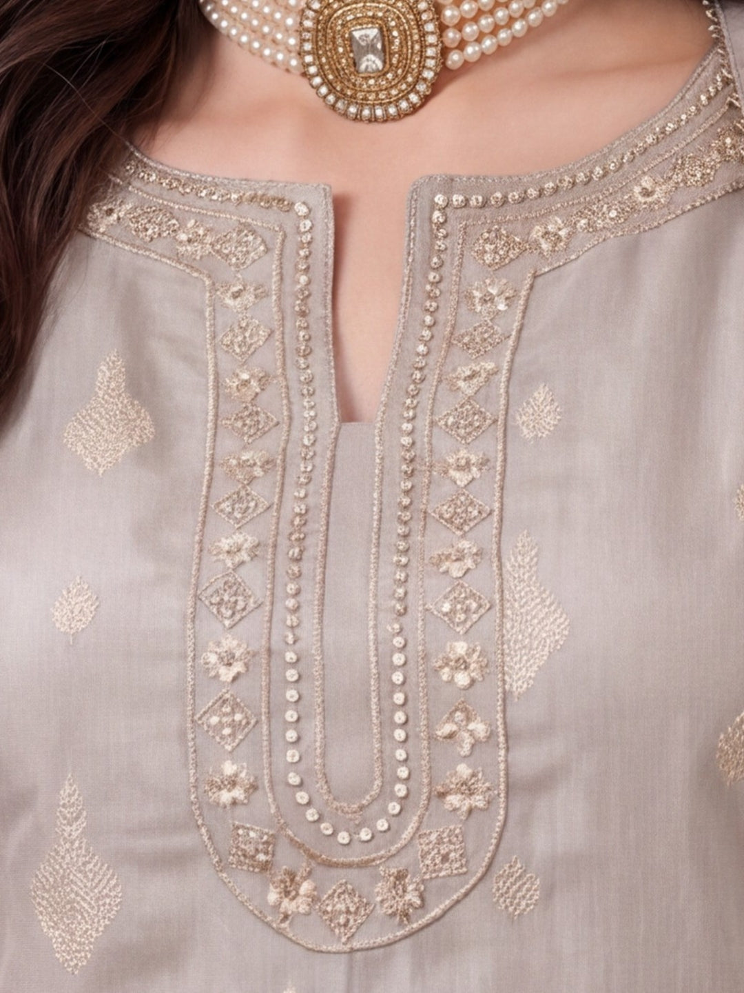 Women's Grey Woven Zari Kurta Set with Dupatta | Festive Ethnic Straight Suit