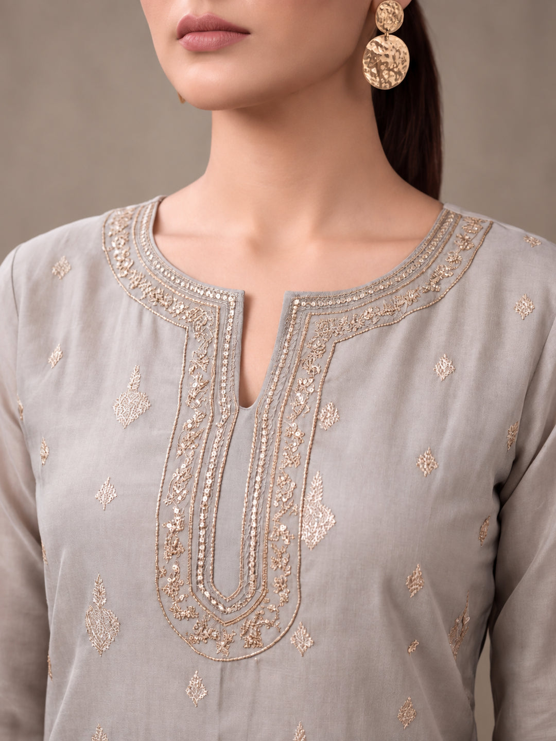 Women's Grey Woven Zari Kurta Set with Dupatta | Festive Ethnic Straight Suit