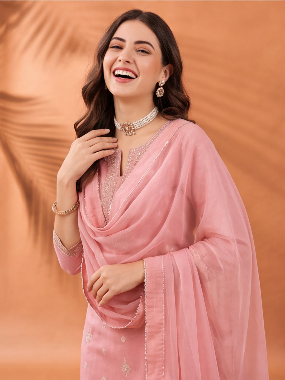 Women's Peach Woven Zari Kurta Set with Dupatta | Festive Ethnic Straight Suit