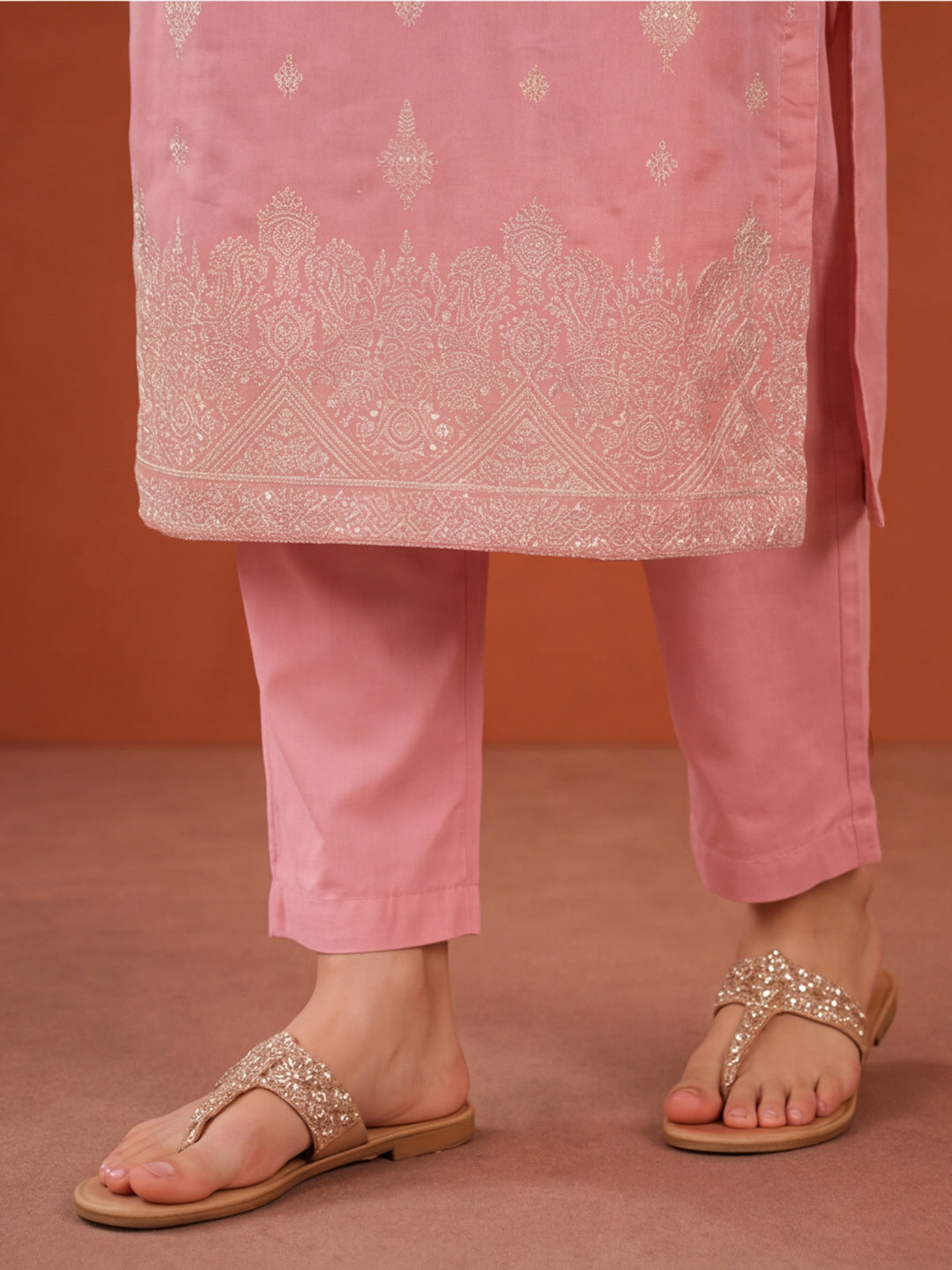 Women's Peach Woven Zari Kurta Set with Dupatta | Festive Ethnic Straight Suit