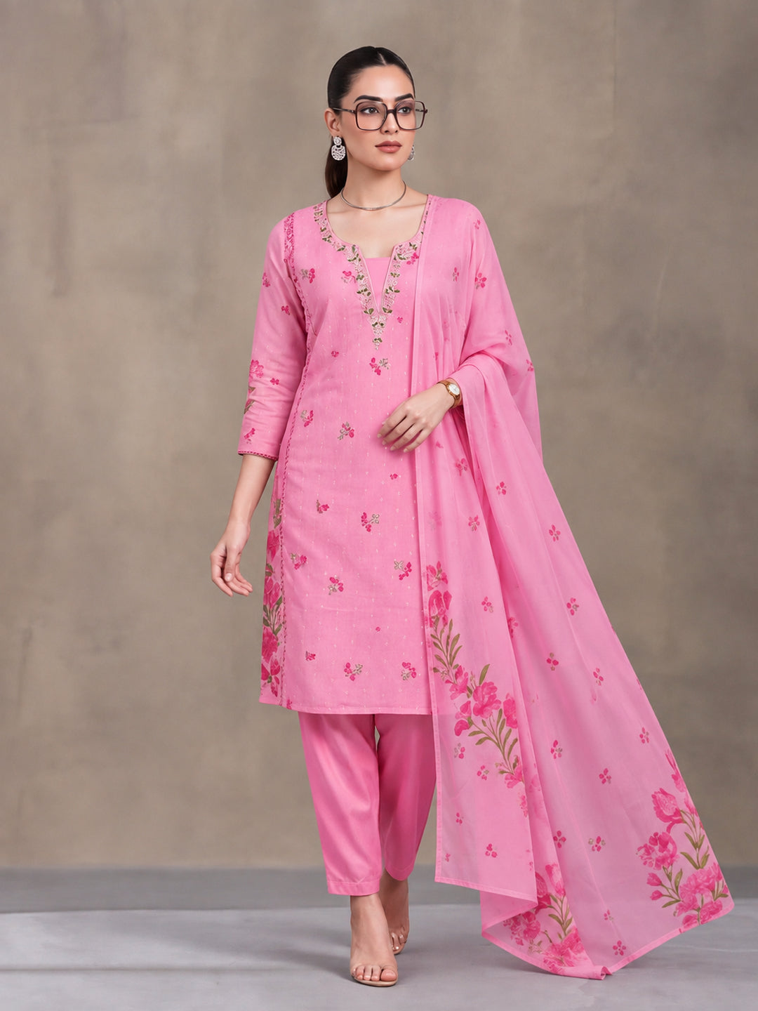 Women's Pink Floral Printed Kurta Set with Dupatta | Embroidered Neck Ethnic Suit