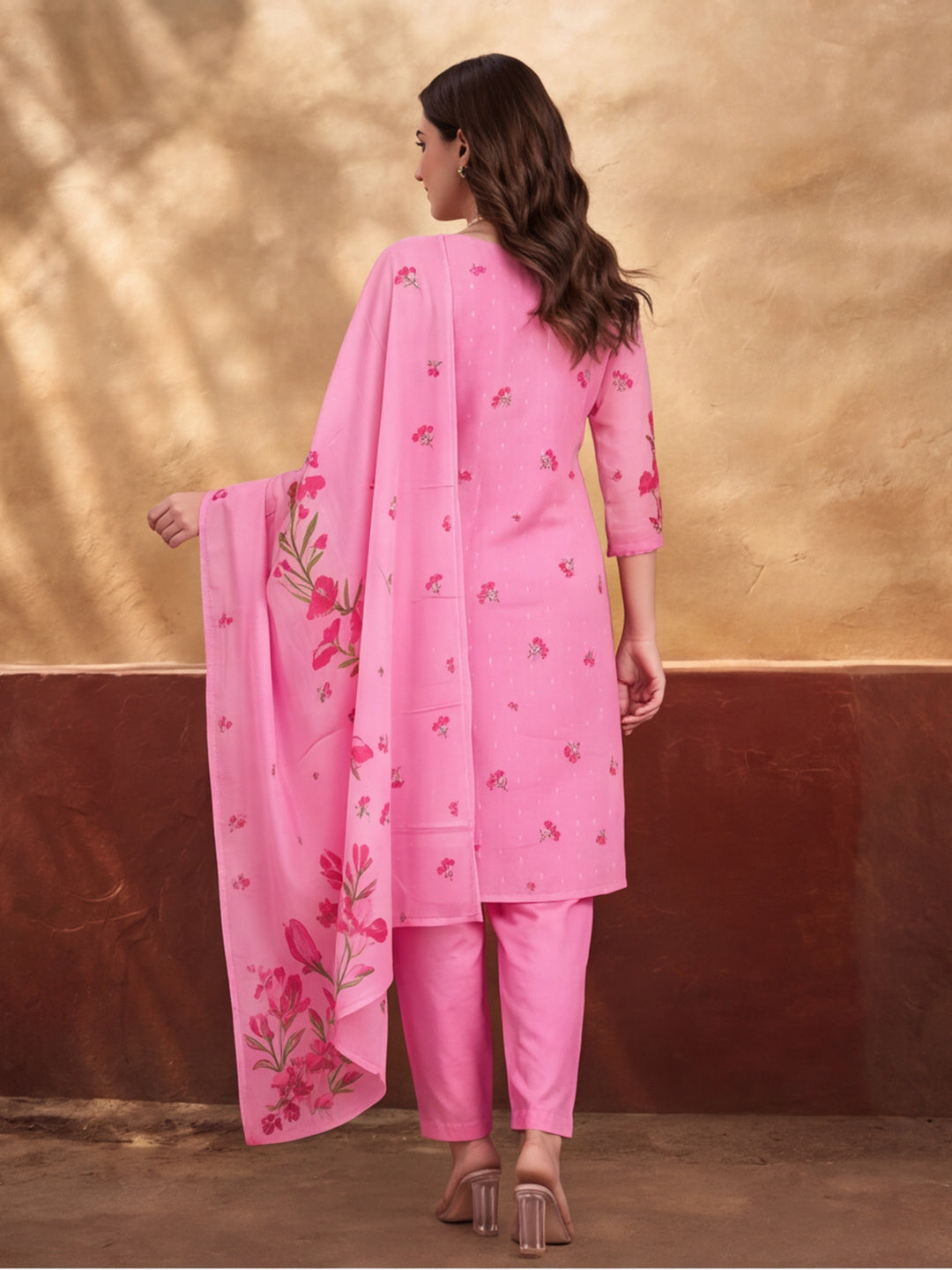 Women's Pink Floral Printed Kurta Set with Dupatta | Embroidered Neck Ethnic Suit