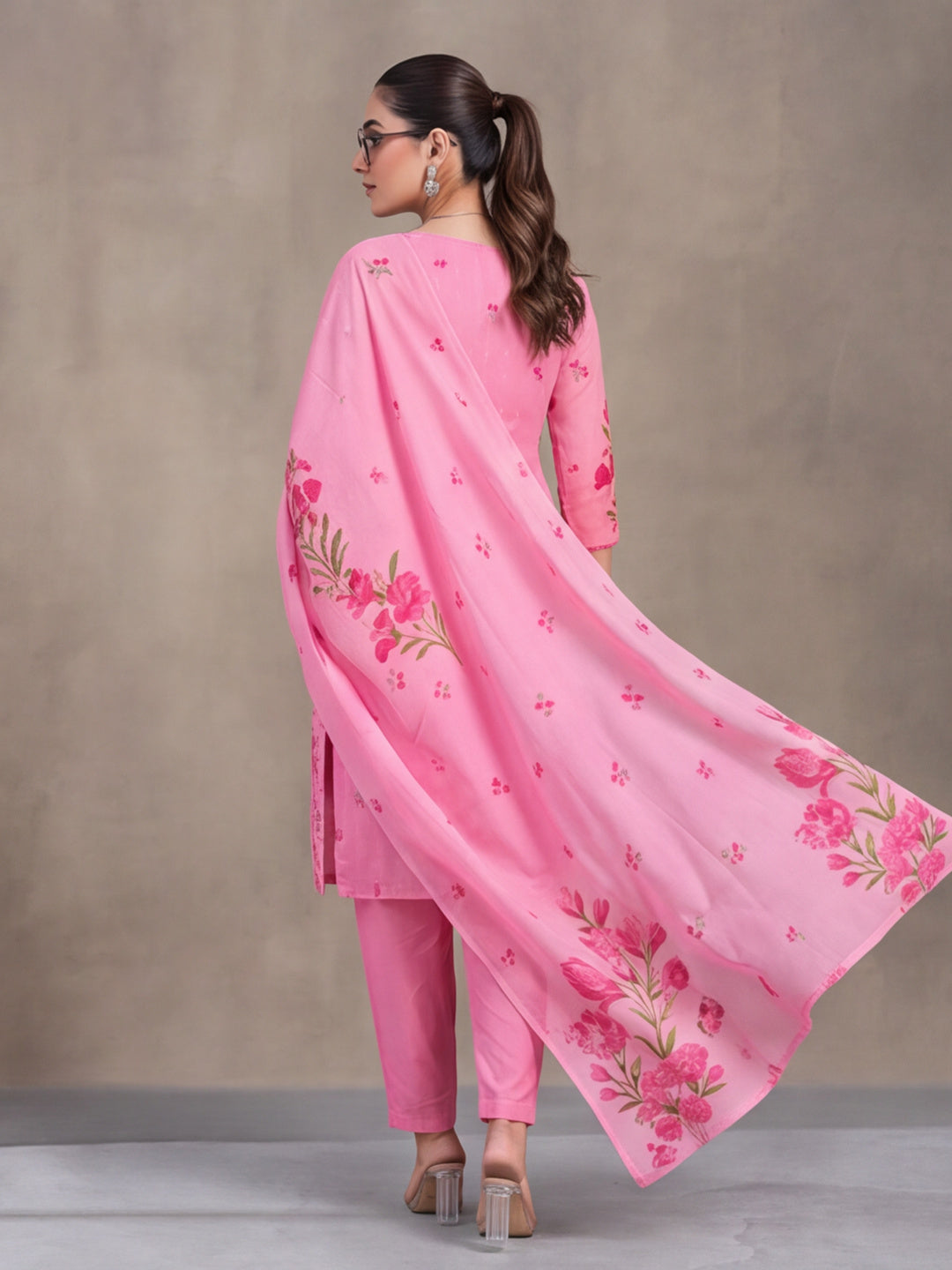 Women's Pink Floral Printed Kurta Set with Dupatta | Embroidered Neck Ethnic Suit