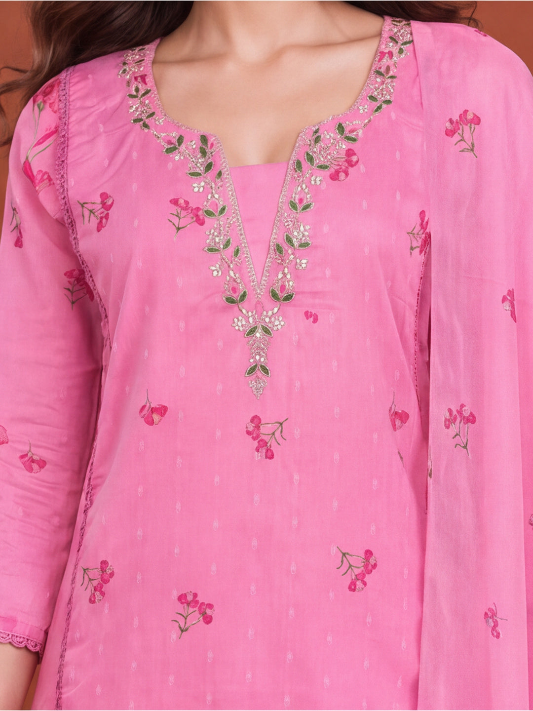 Women's Pink Floral Printed Kurta Set with Dupatta | Embroidered Neck Ethnic Suit