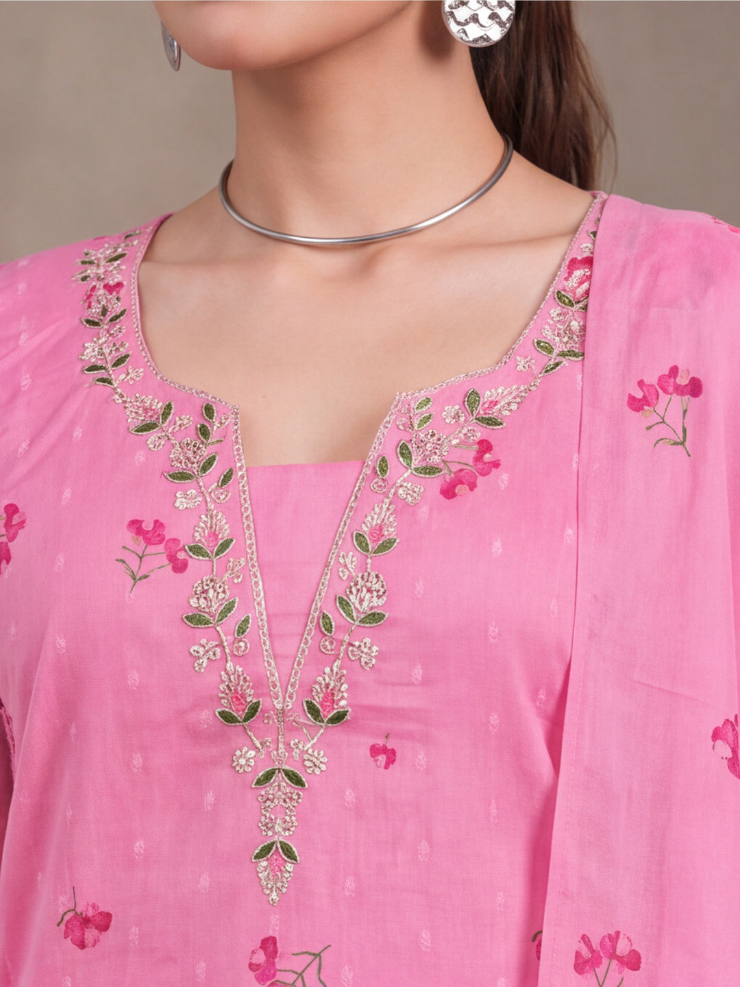 Women's Pink Floral Printed Kurta Set with Dupatta | Embroidered Neck Ethnic Suit