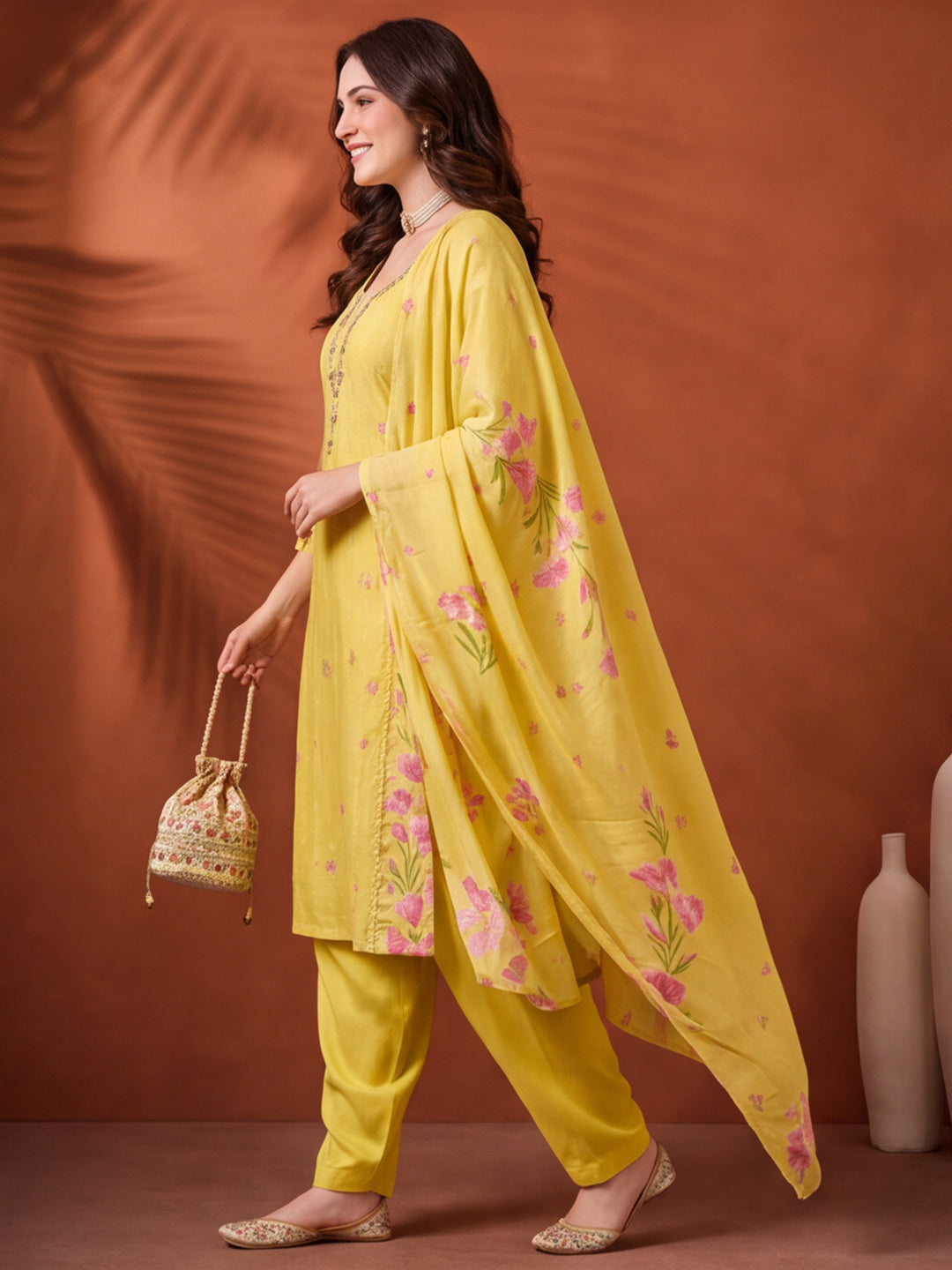 Women's Lemon Yellow Floral Printed Kurta Set with Dupatta | Embroidered Neck Ethnic Suit
