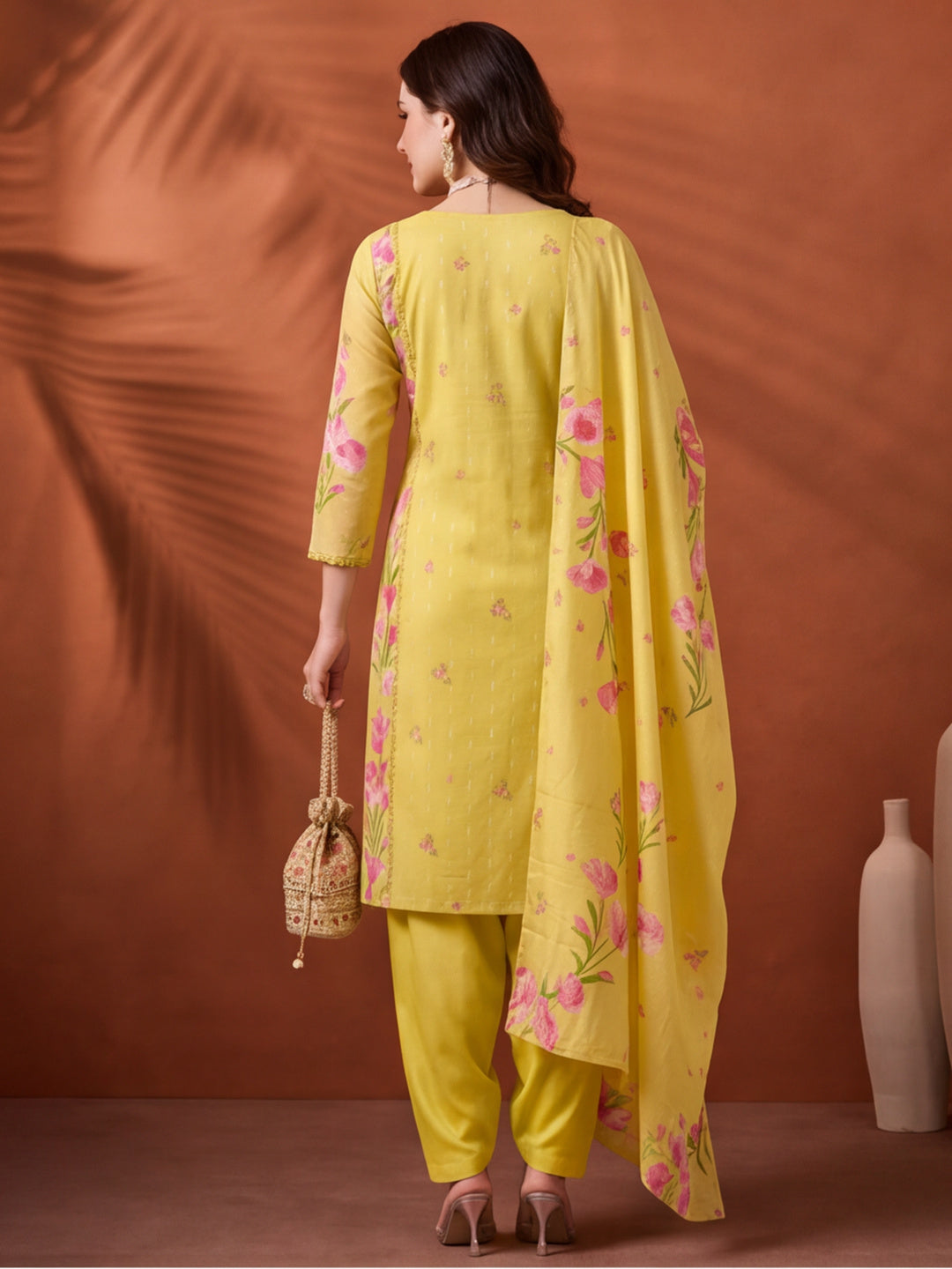 Women's Lemon Yellow Floral Printed Kurta Set with Dupatta | Embroidered Neck Ethnic Suit