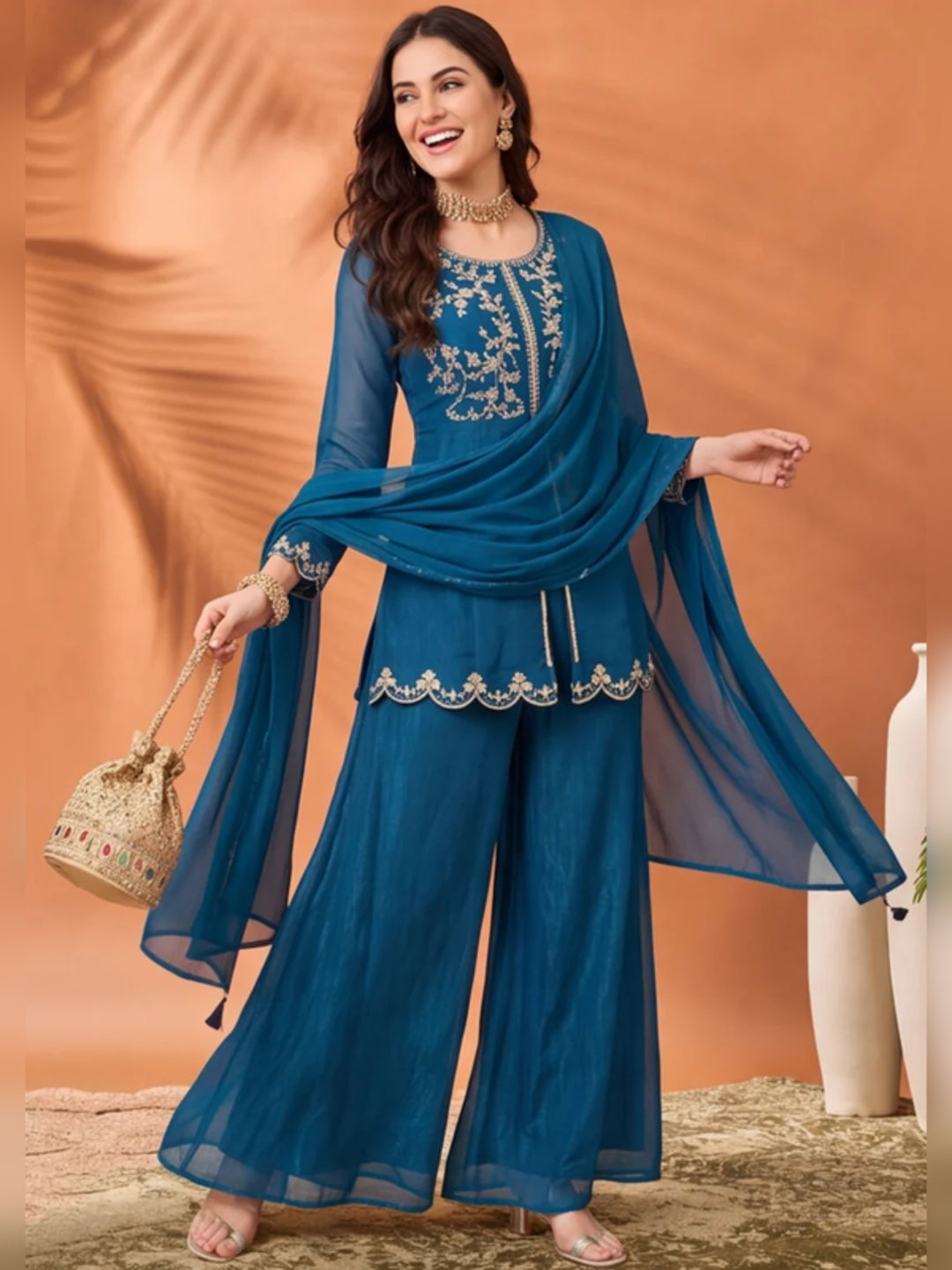 Women's Blue Embroidered Kurta Palazzo Set with Dupatta | Festive Ethnic Co-ord Suit