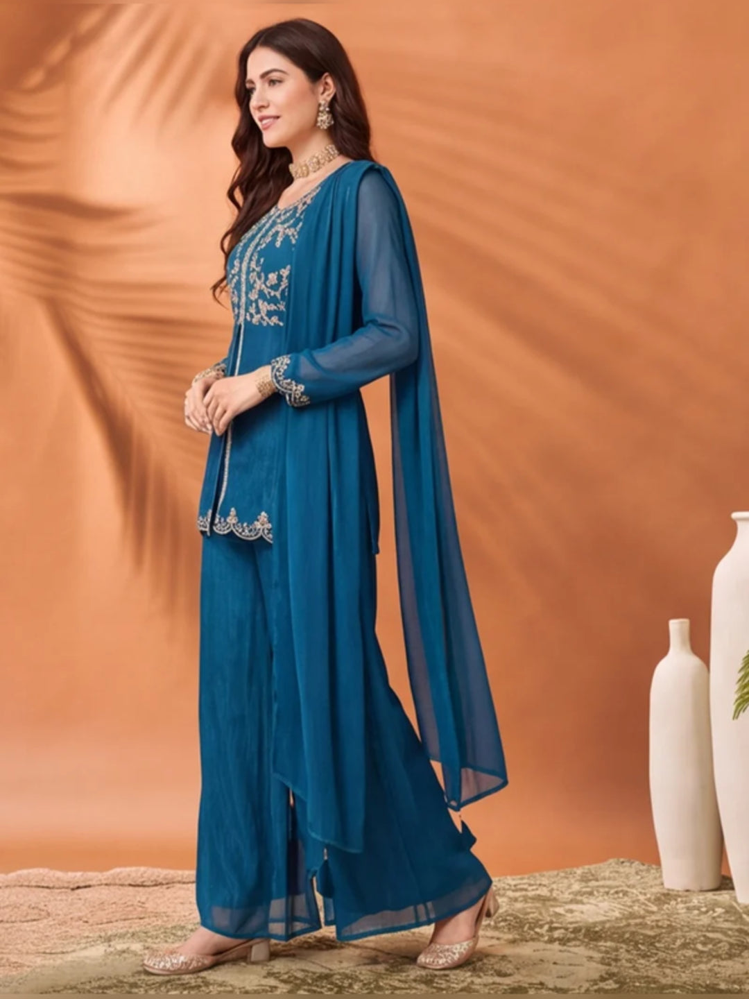 Women's Blue Embroidered Kurta Palazzo Set with Dupatta | Festive Ethnic Co-ord Suit