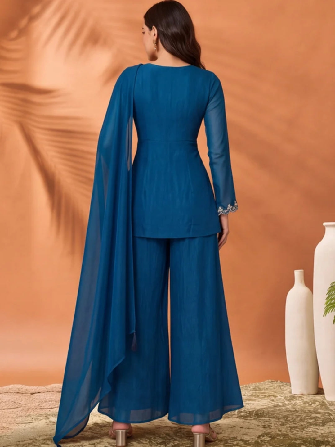 Women's Blue Embroidered Kurta Palazzo Set with Dupatta | Festive Ethnic Co-ord Suit